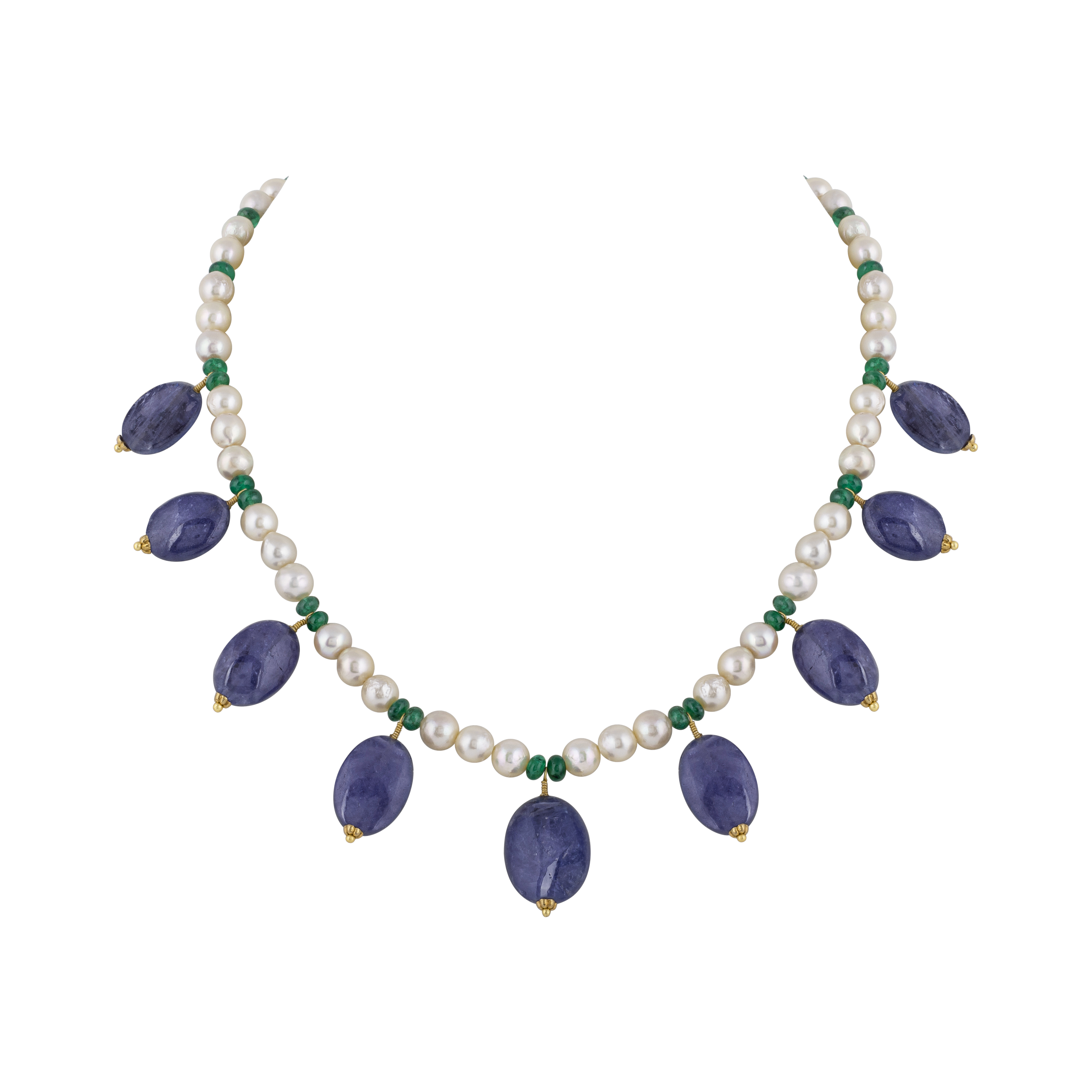 Polki Necklace Jadau Amethyst Hung on Pearl and Green Beads String