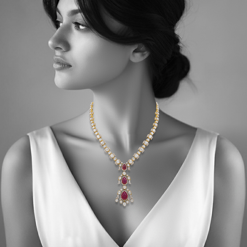 Carved Ruby Pendant Necklace with Polki Diamonds