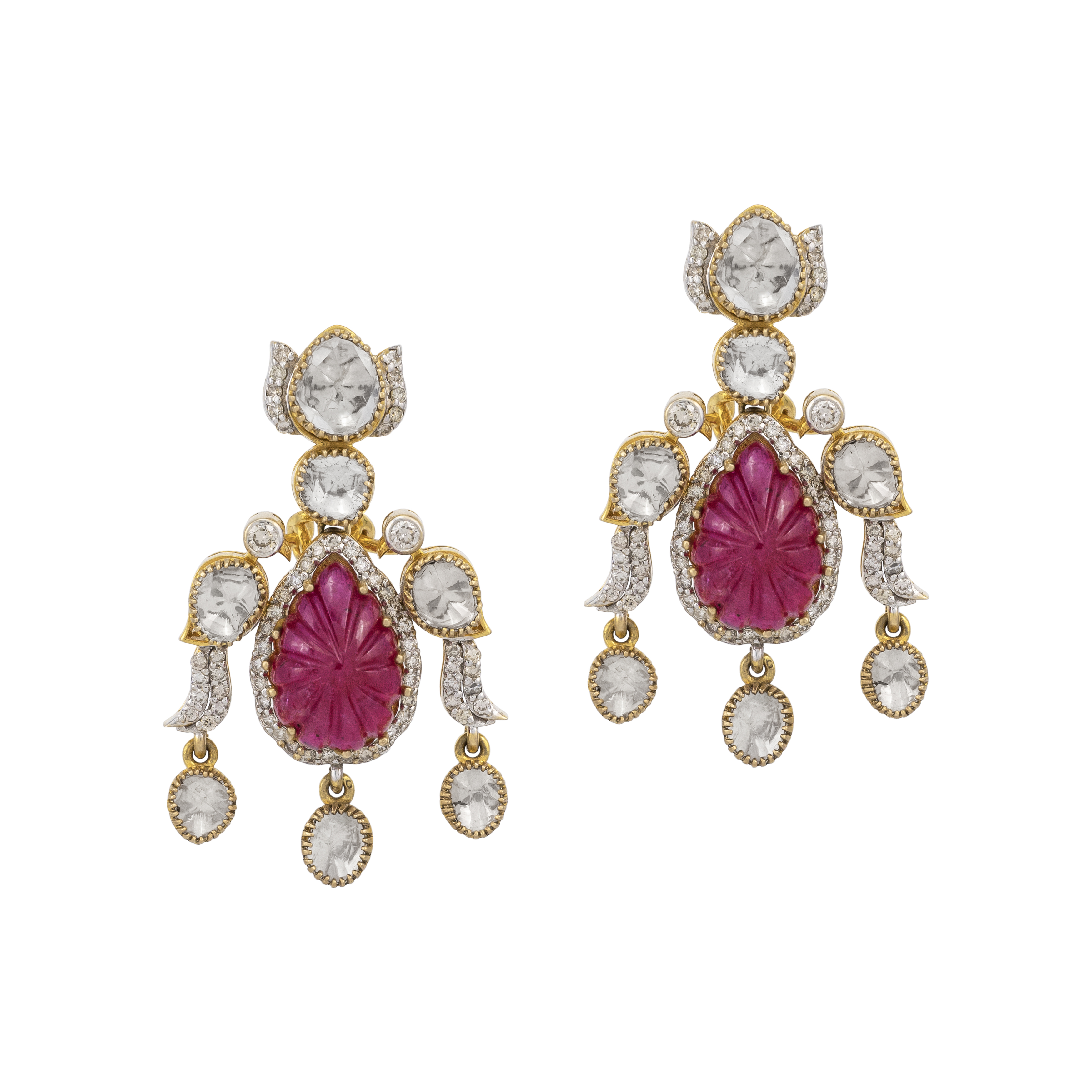 Carved Ruby and Polki Drop Earrings with Bird Motif