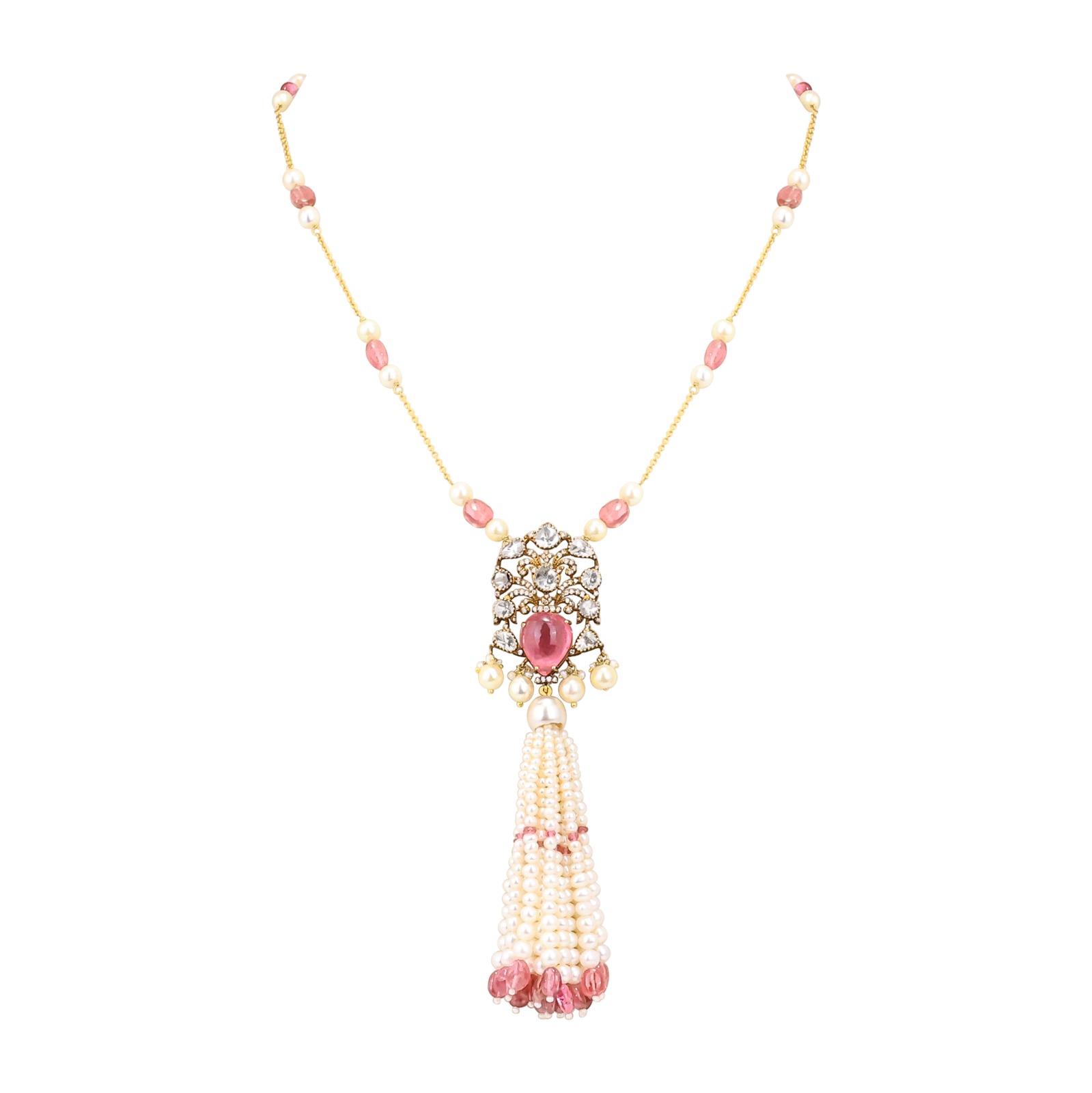 Tourmaline Pendant Necklace with Pearl Tassel and Polkis