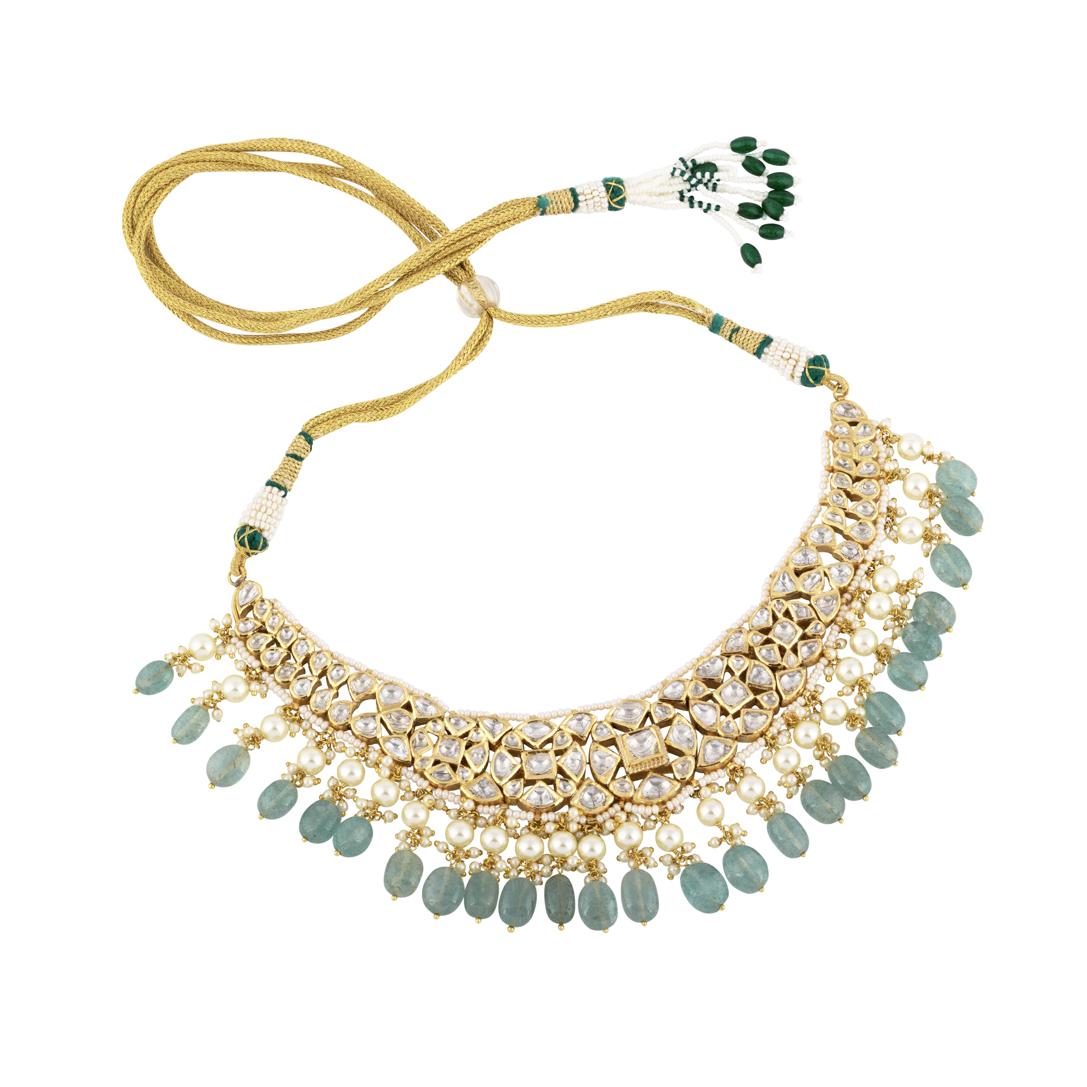 Floral Polki Necklace with Emerald Maniya and Pearls