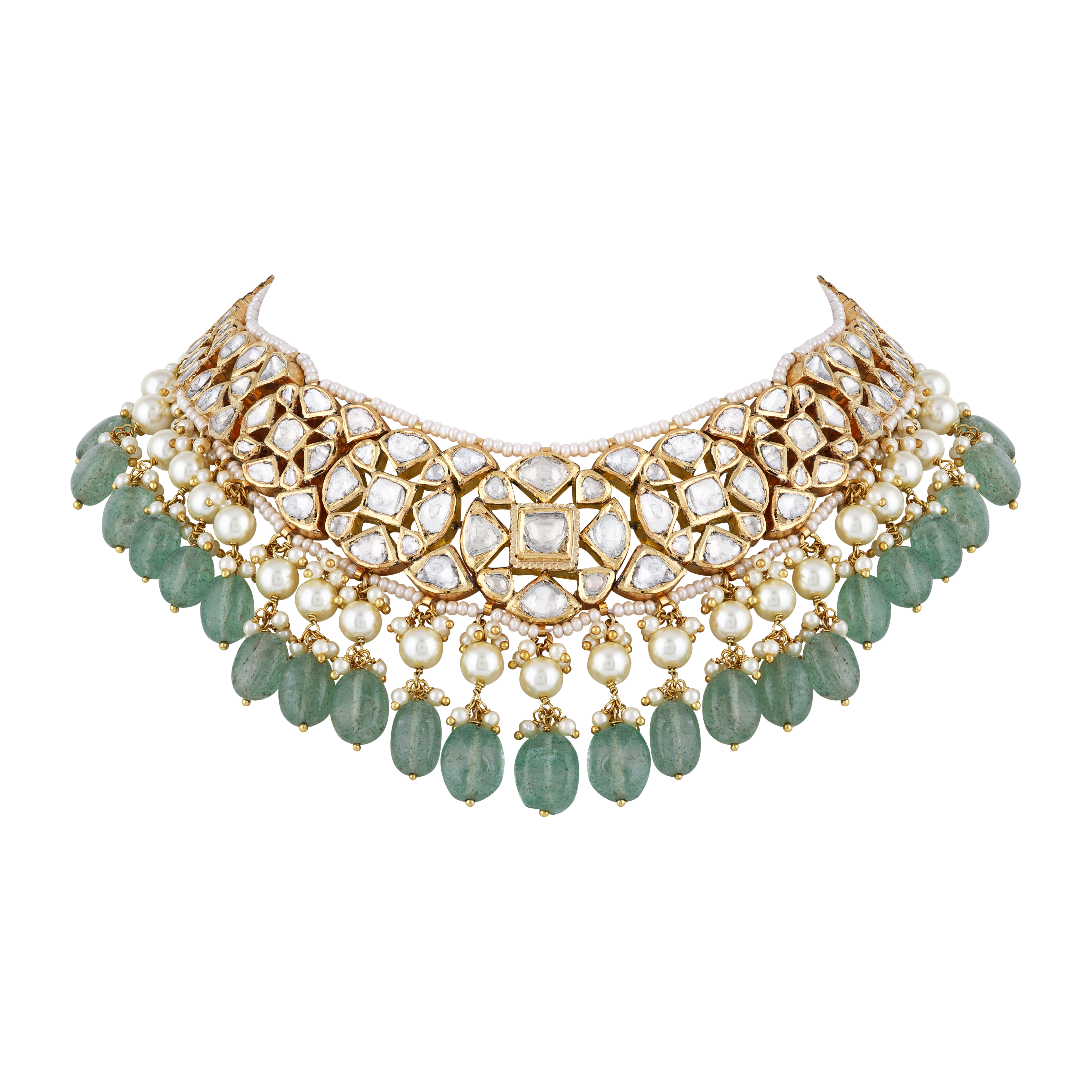 Floral Polki Necklace with Emerald Maniya and Pearls