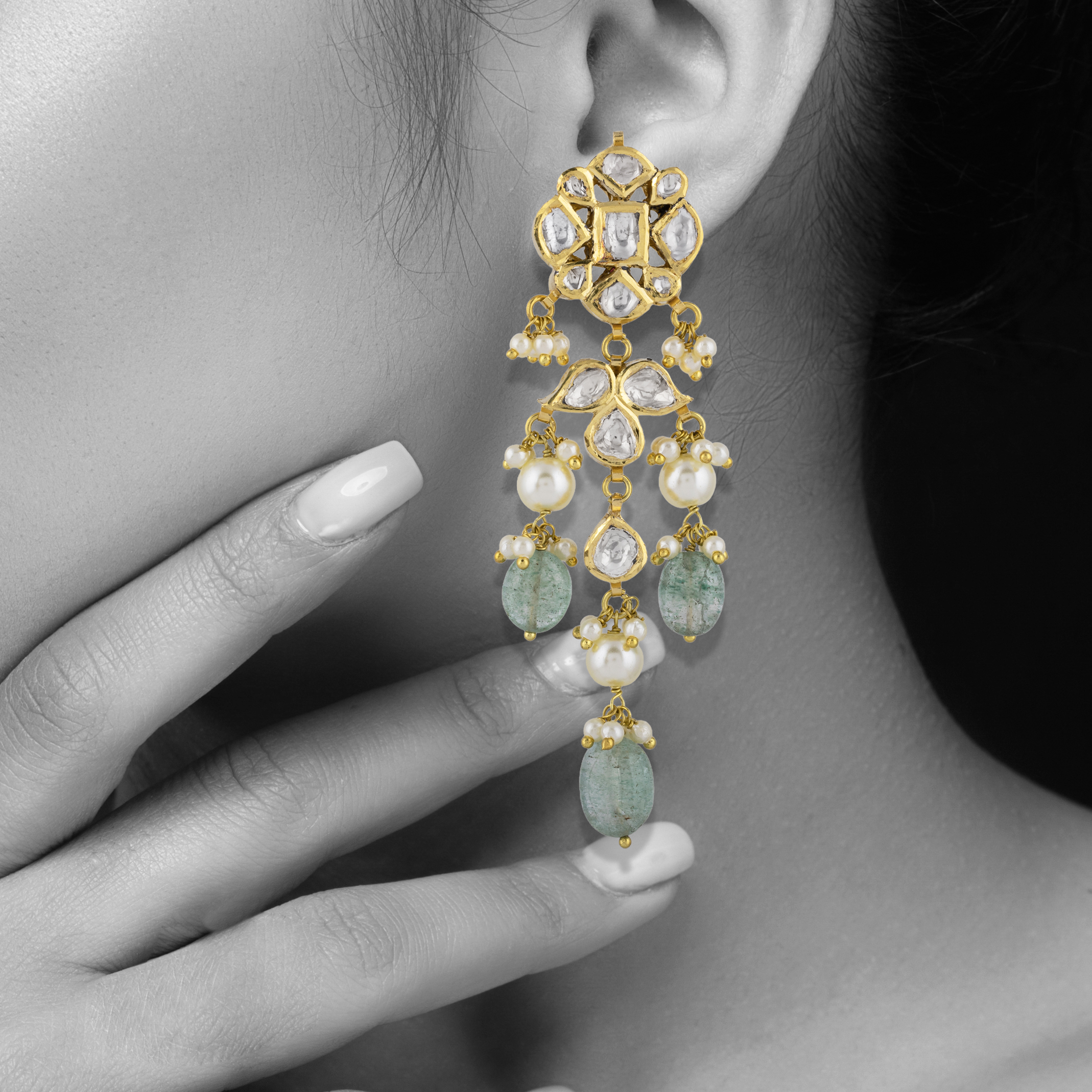 Floral Polki Earrings with Emerald & Pearls