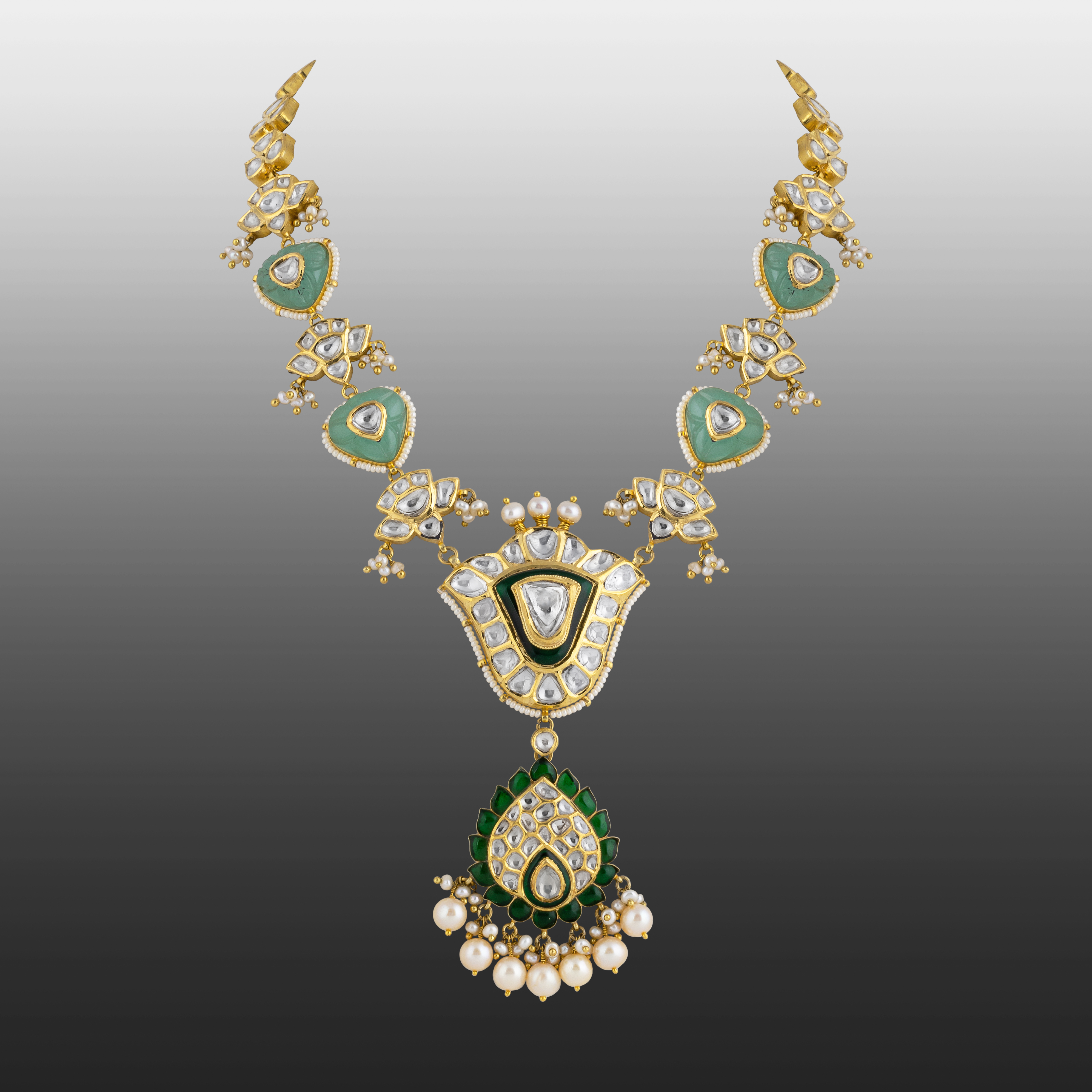 Teardrop Polki Necklace with Green Talaf Stones, Carved Emerald and Pearls