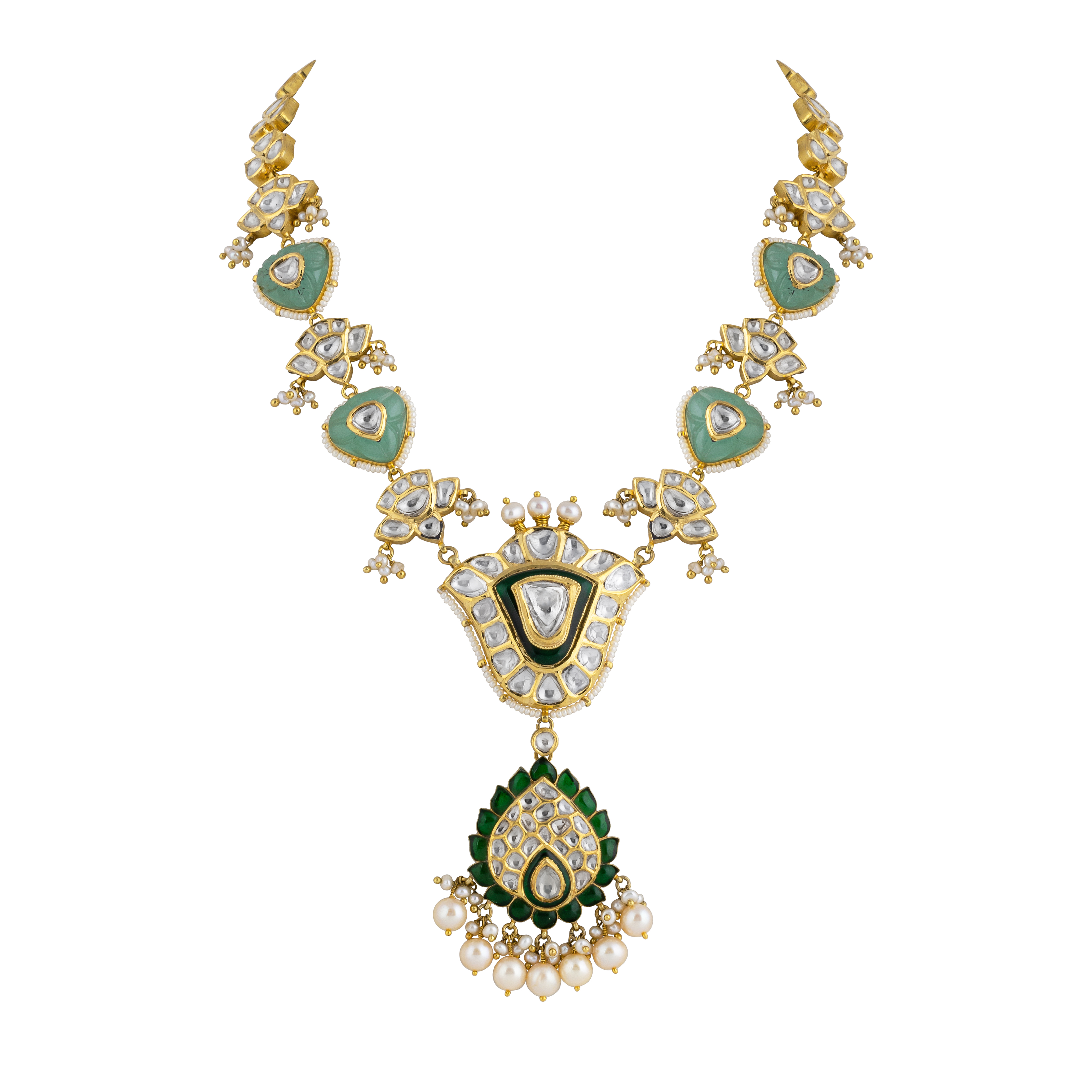 Teardrop Polki Necklace with Green Talaf Stones, Carved Emerald and Pearls