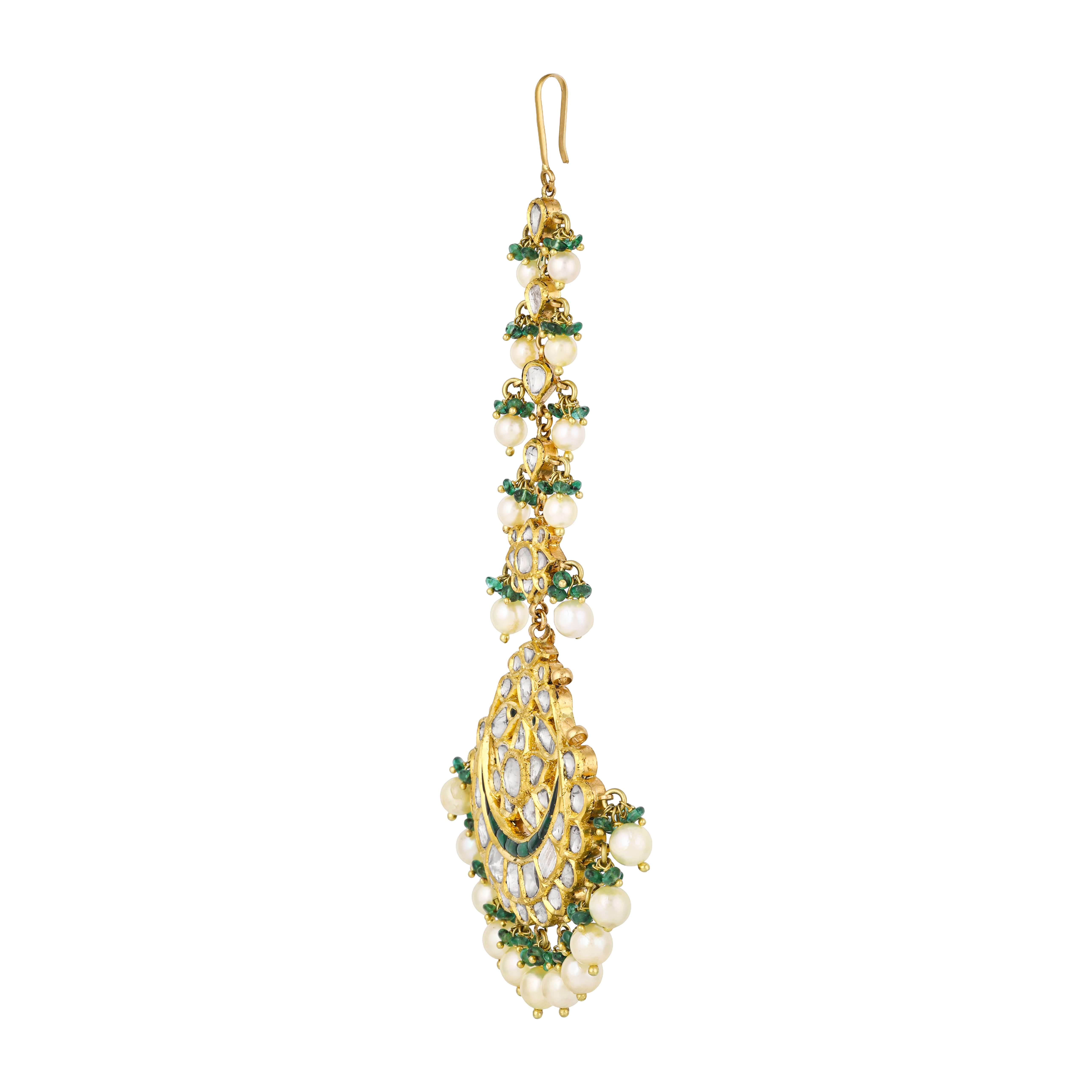 Polki Maangtikka with Green Enamel, Emeralds & Pearls
