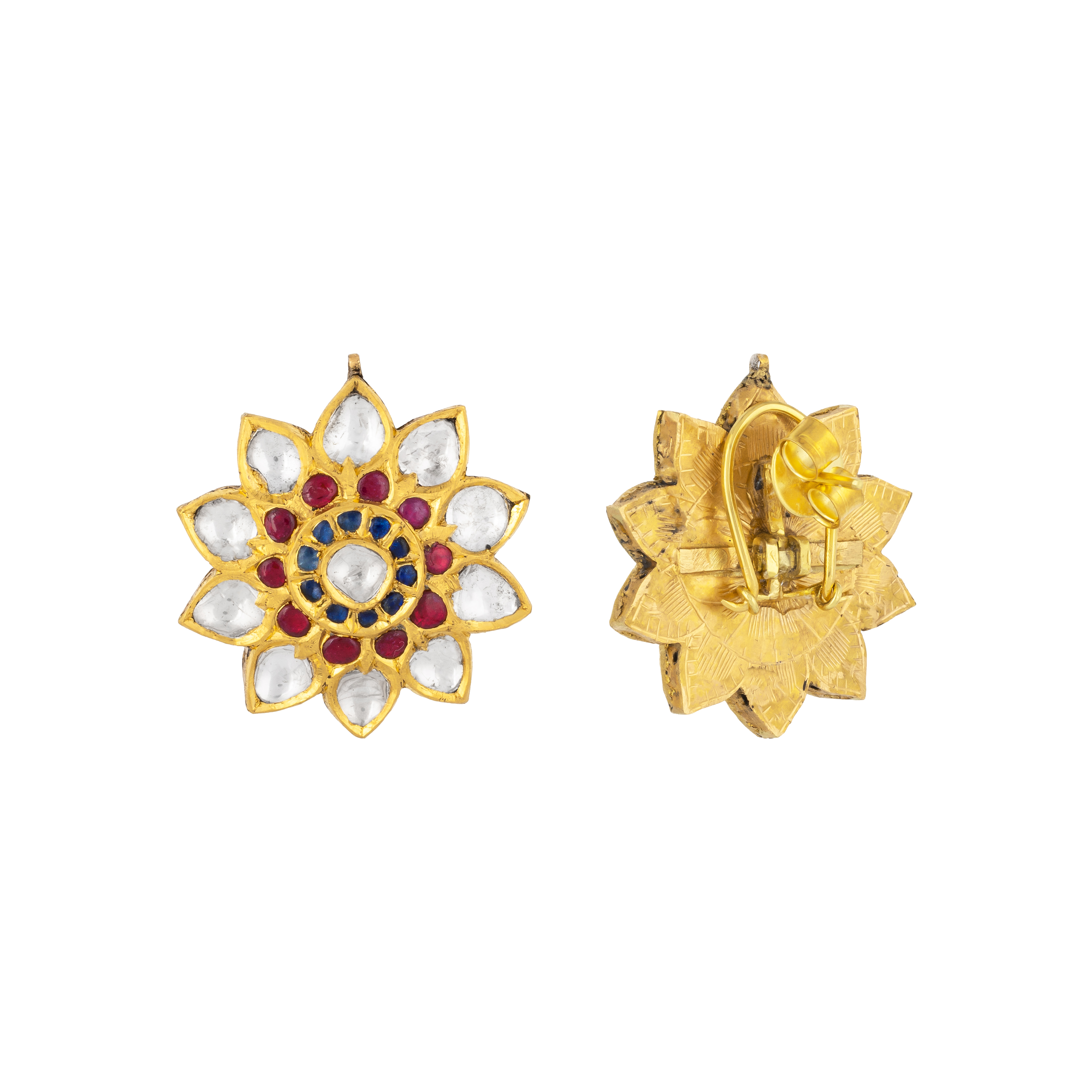 Floral Polki Studs with Red-Blue Talaf & Polki Petals