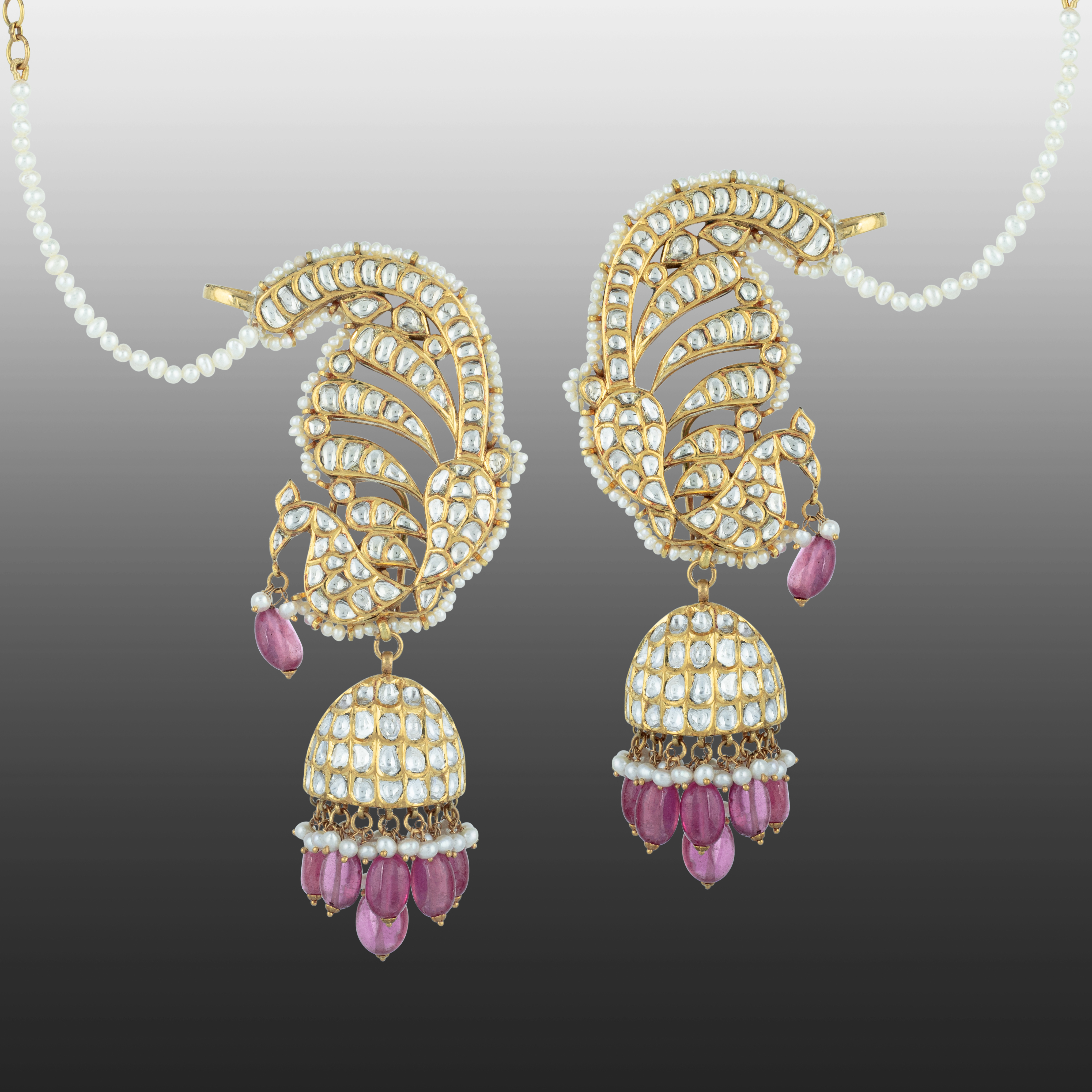 Peacock Polki Cuff Earrings with Pink Bead Jhumki Drops