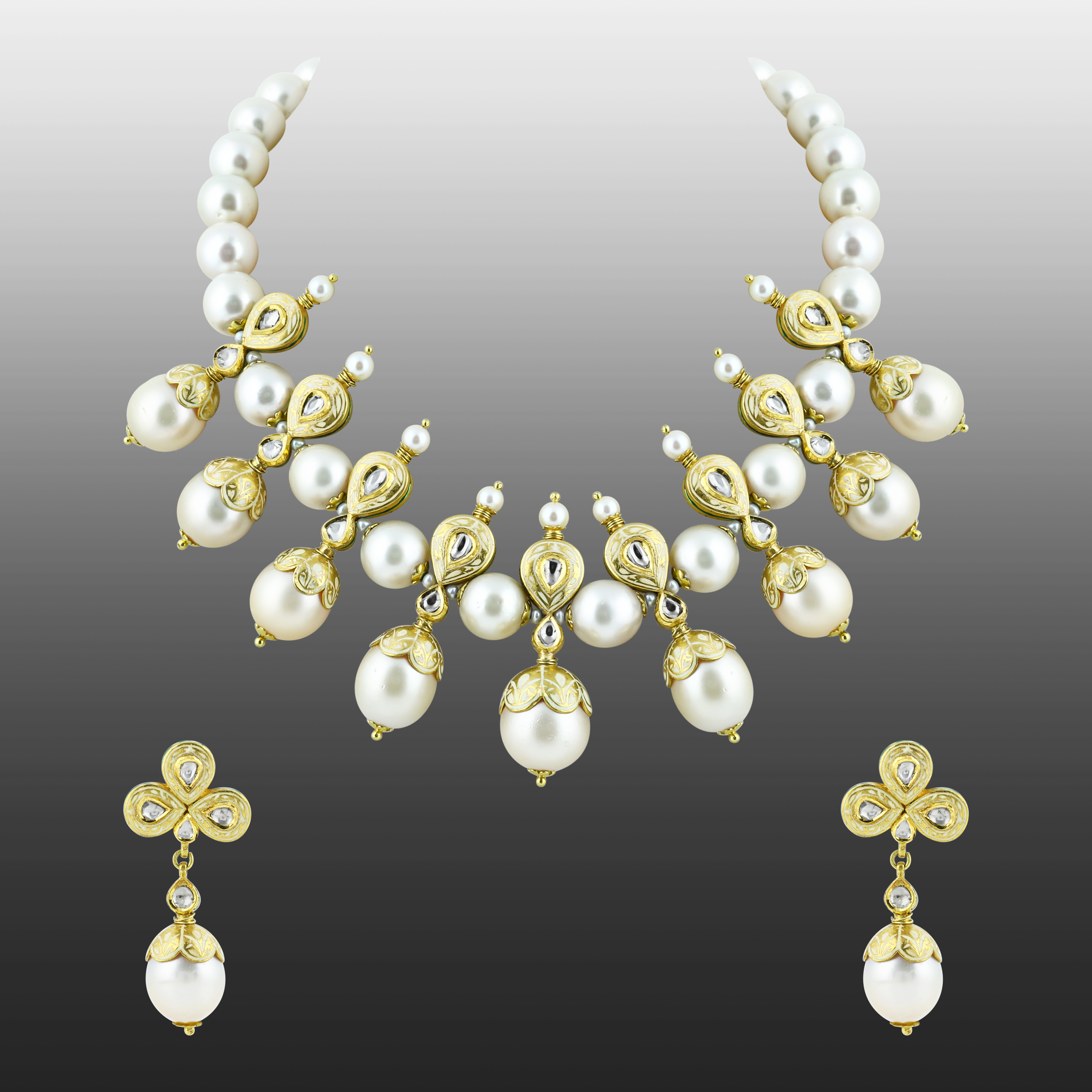 Pearl Necklace Set with Gold Work and Polki Motifs
