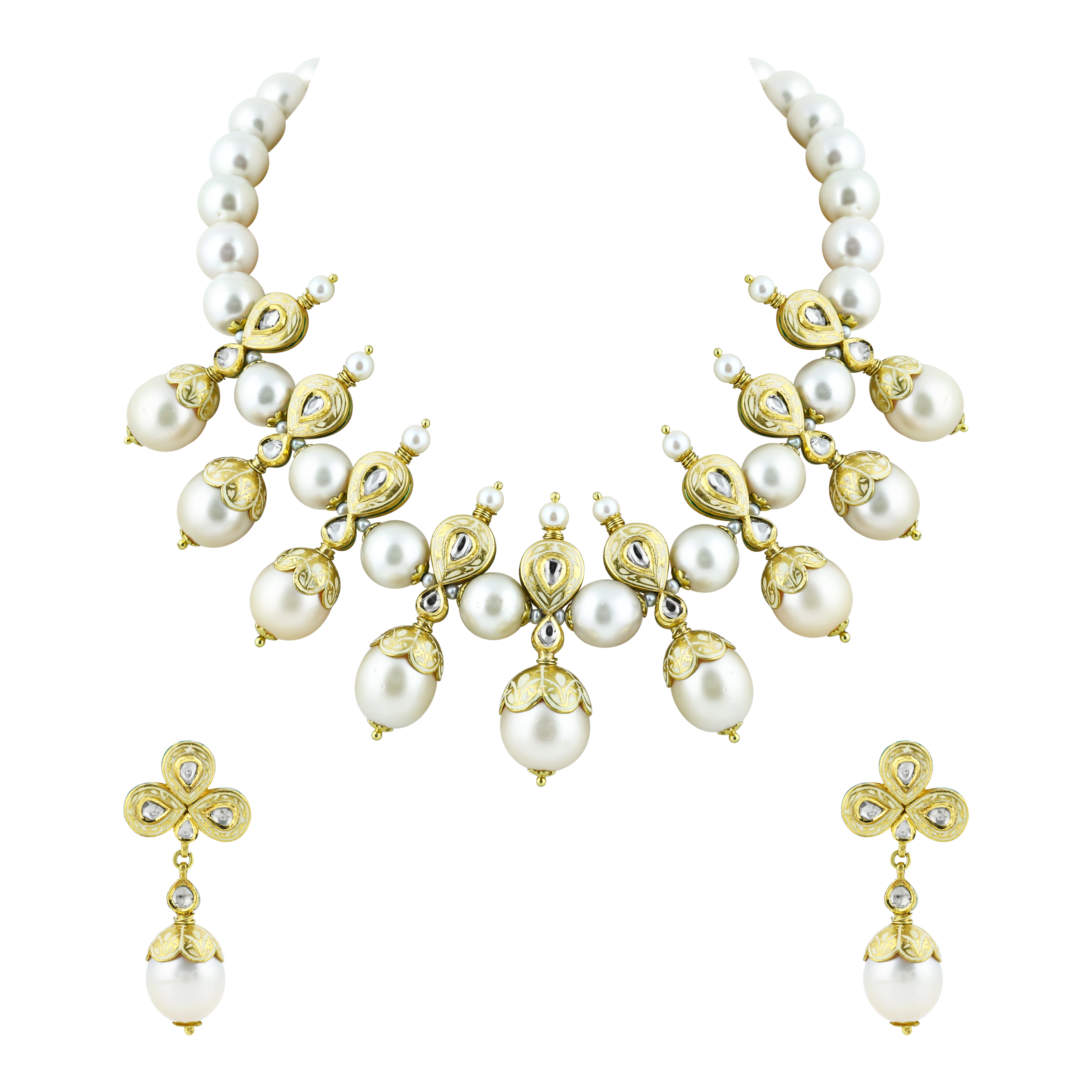Pearl Necklace Set with Gold Work and Polki Motifs