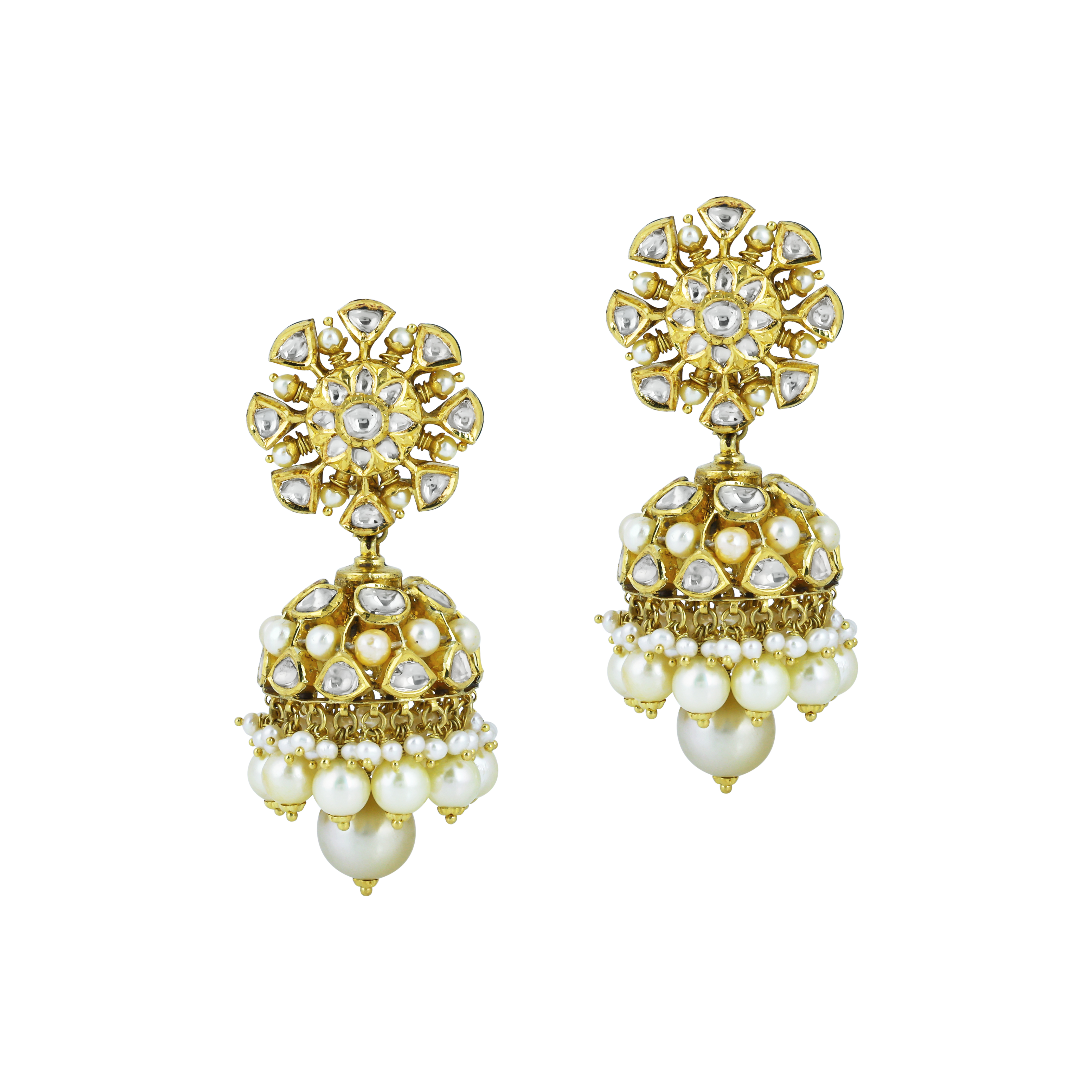 Floral Polki Jhumka Earrings with Graceful Pearl Drops