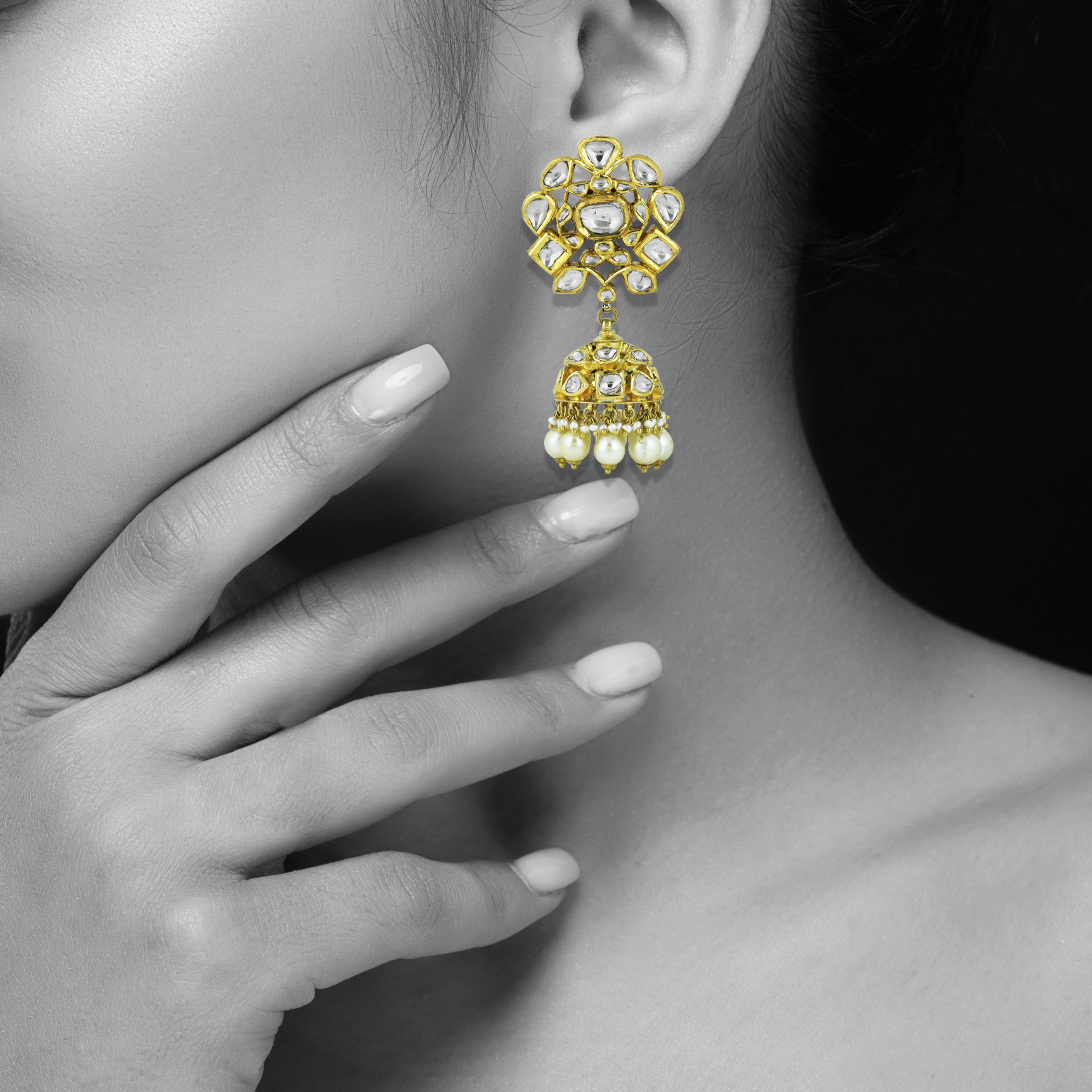 Polki Jhumka Earrings with Floral Design and Pearl Drops