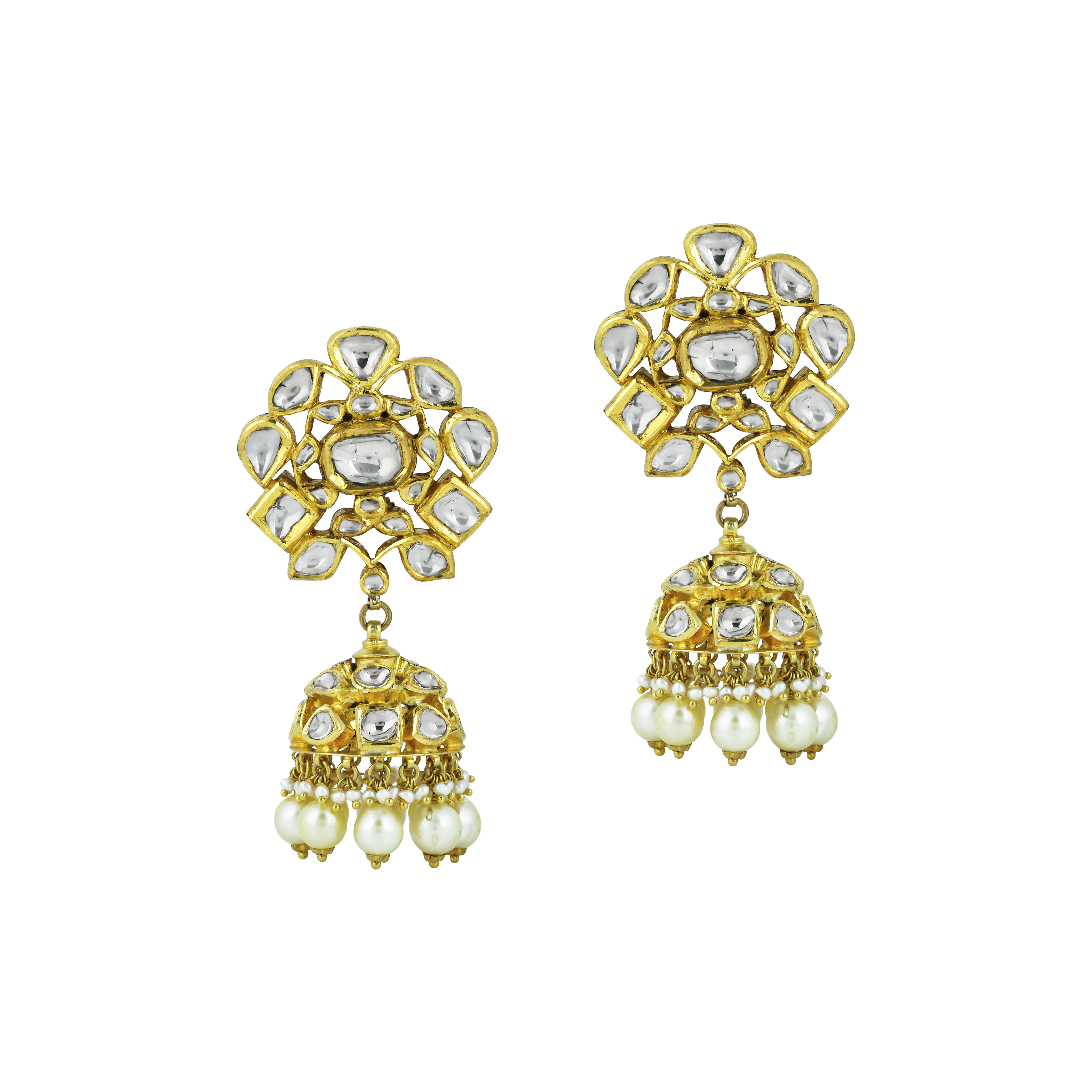 Polki Jhumka Earrings with Floral Design and Pearl Drops