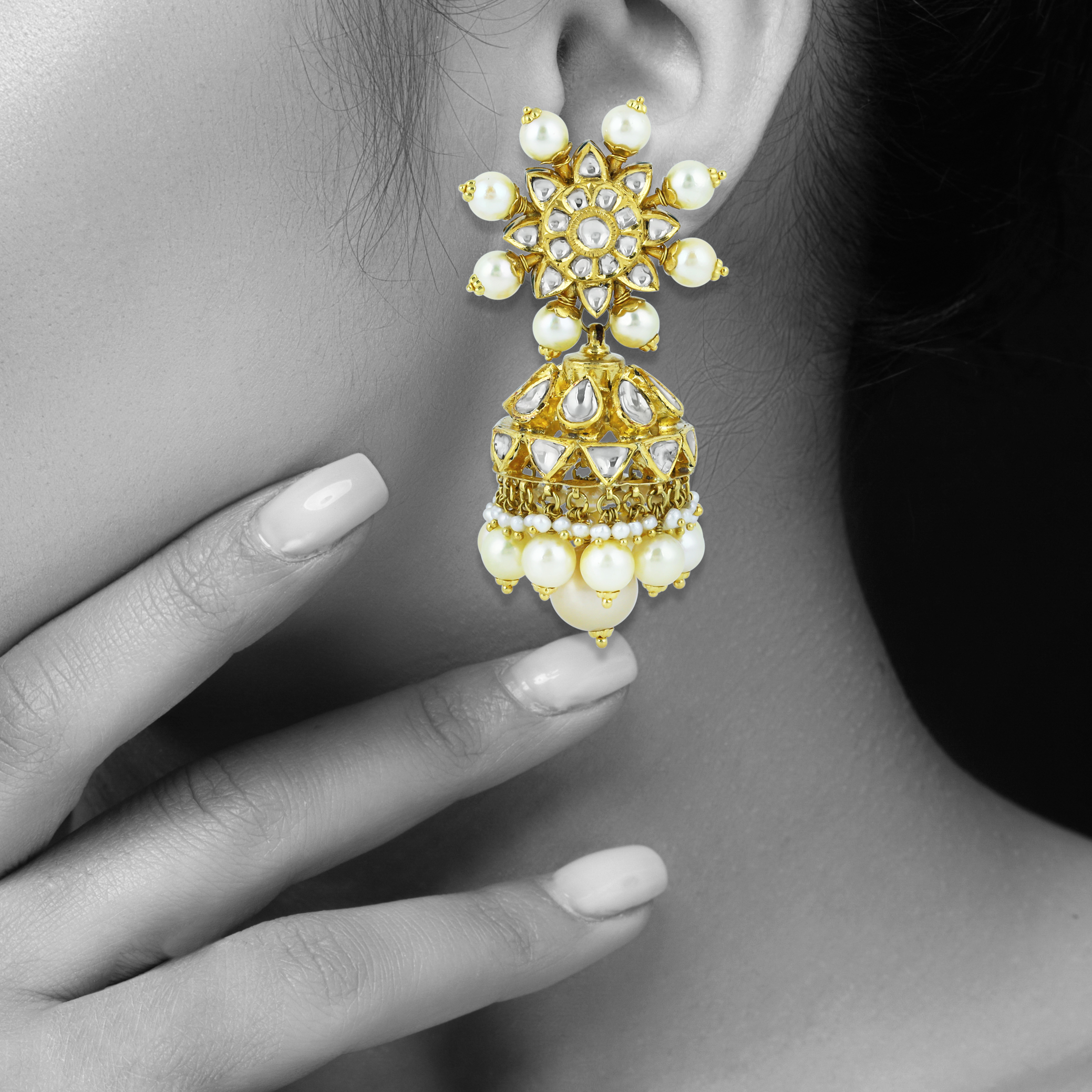 Floral Polki Jhumka Earrings with Layered Pearls