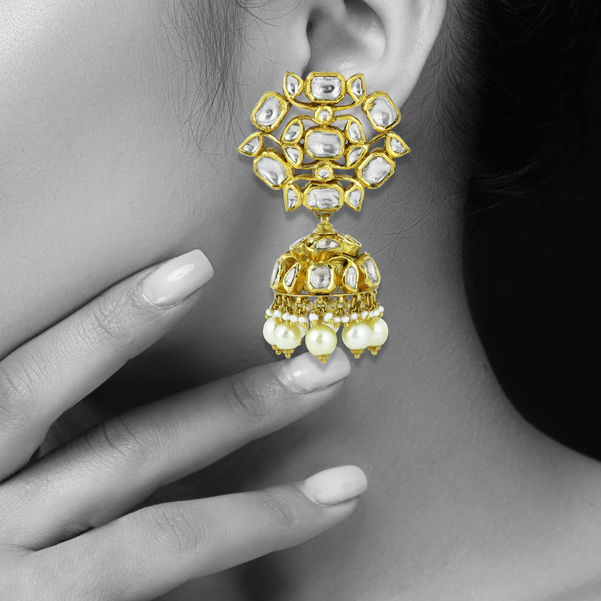 Floral Polki Jhumka Earrings with Pearl Drops