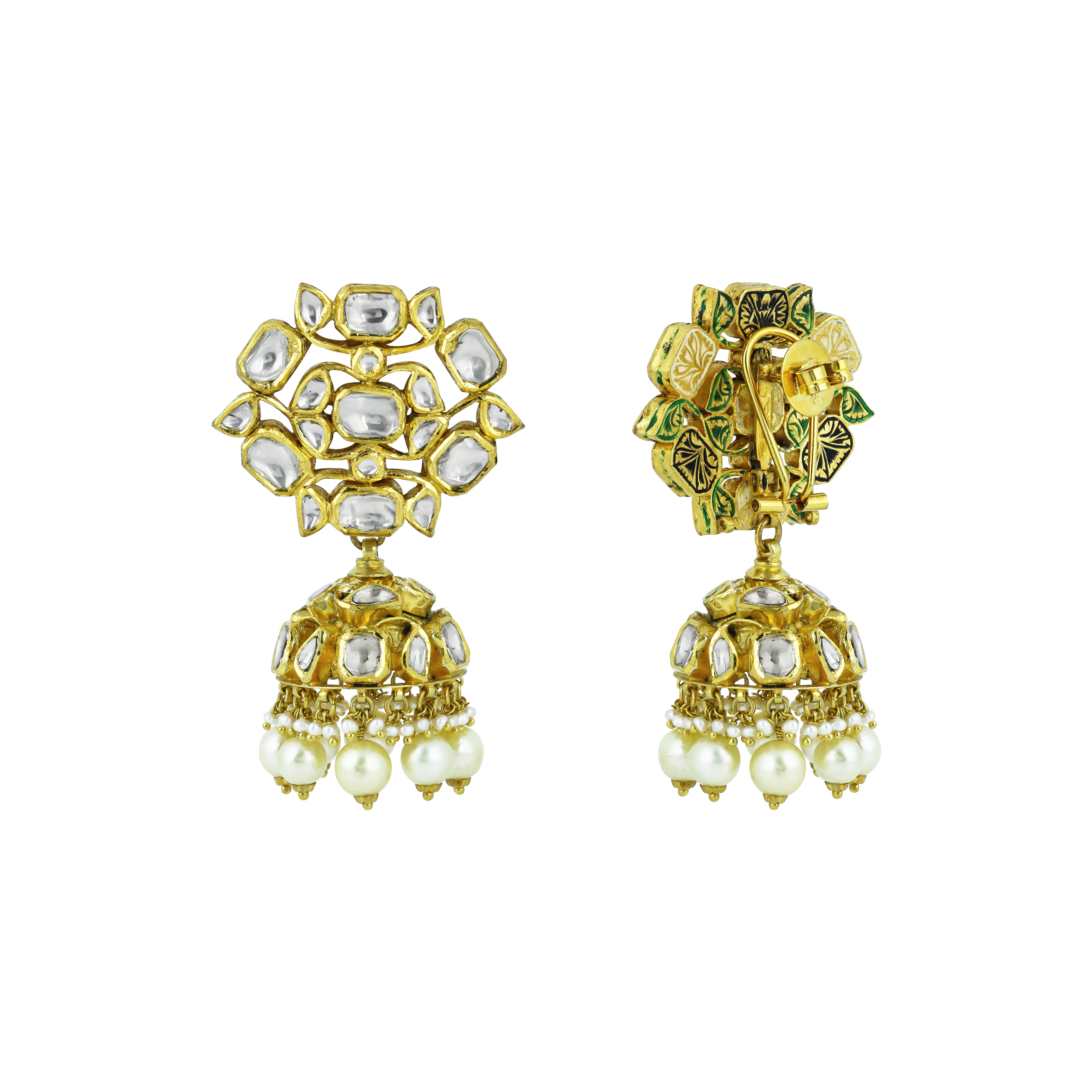 Floral Polki Jhumka Earrings with Pearl Drops