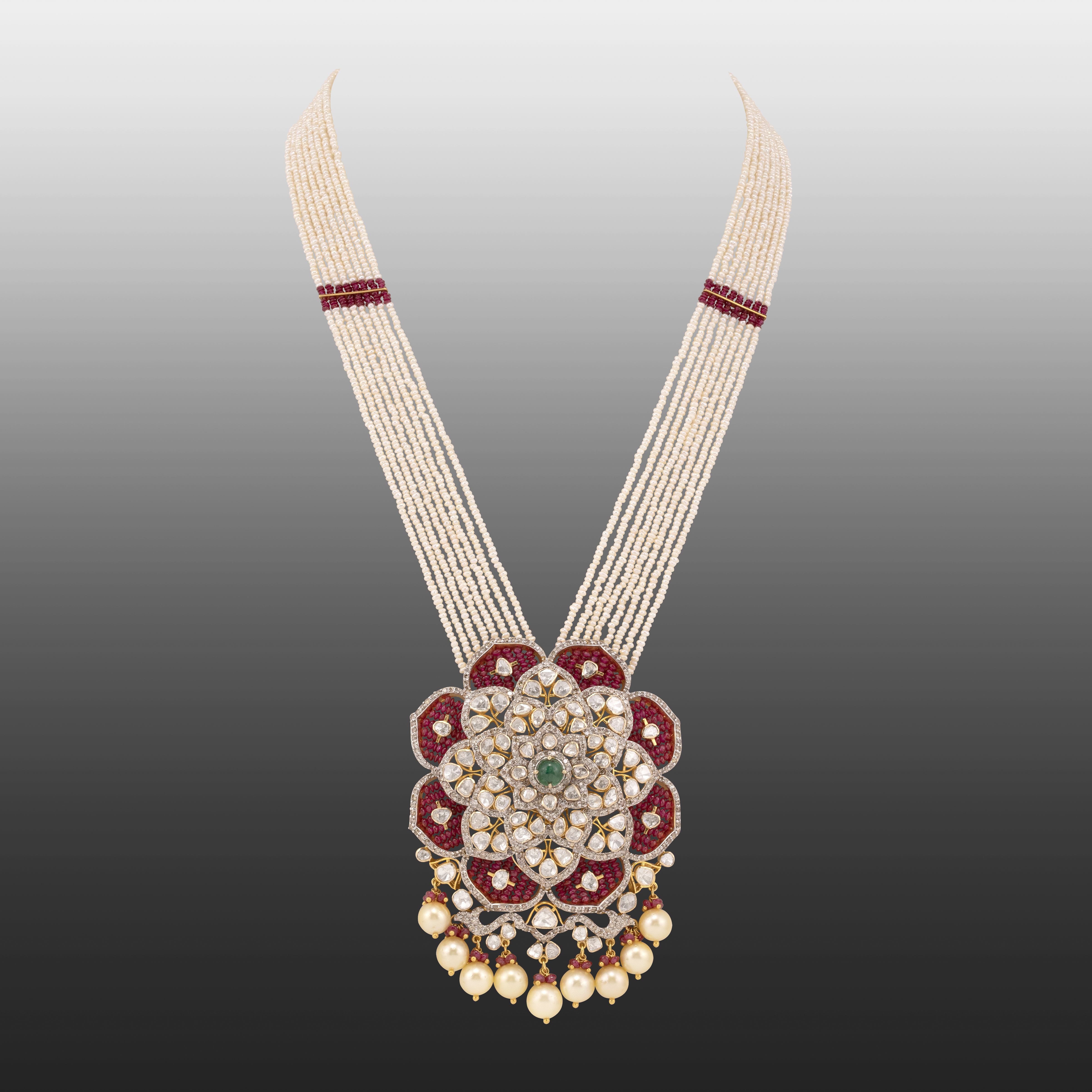Pearl Strand Necklace with Polki, Ruby, and Emerald Pendant