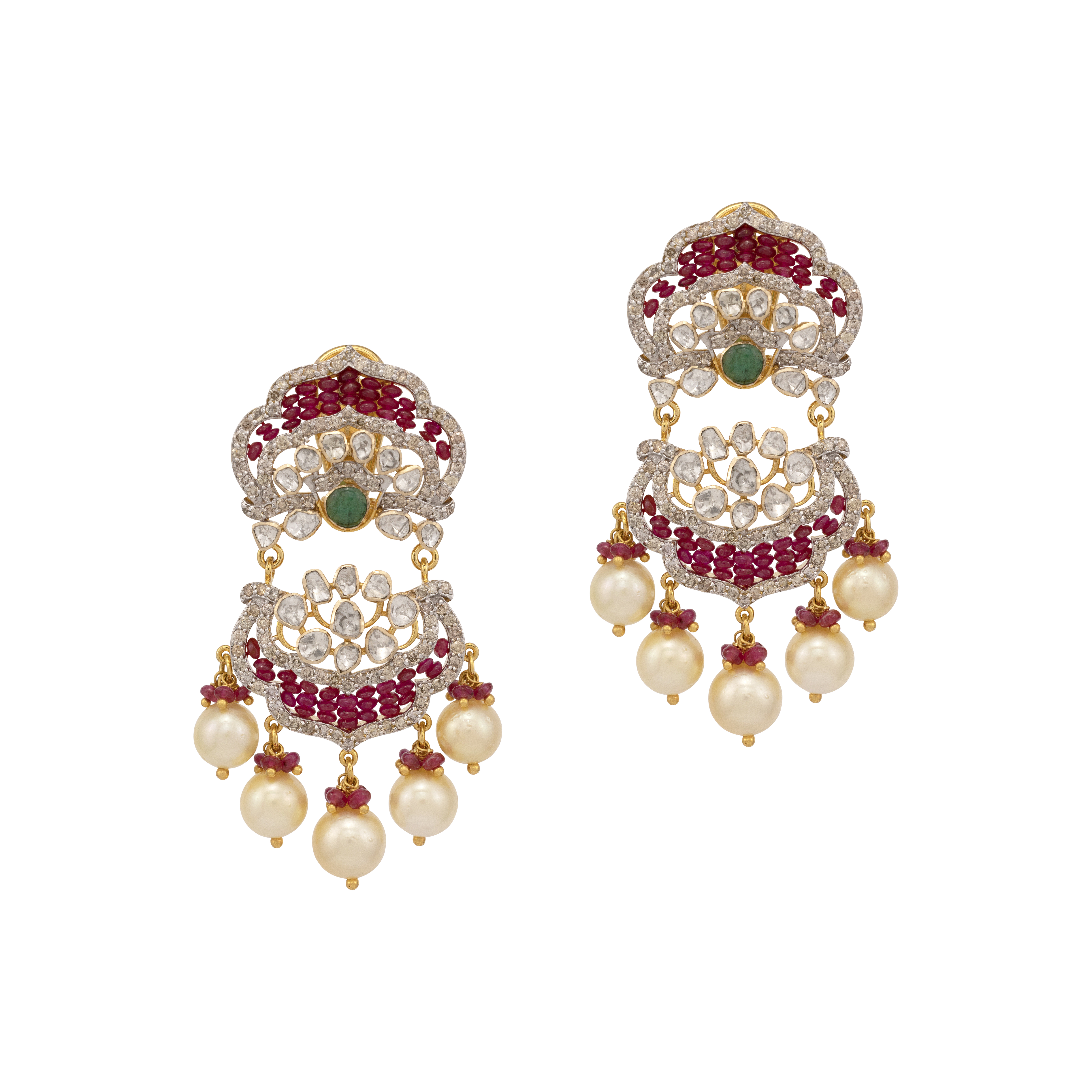 Polki and Ruby Earrings with Emerald and Pearl Drops