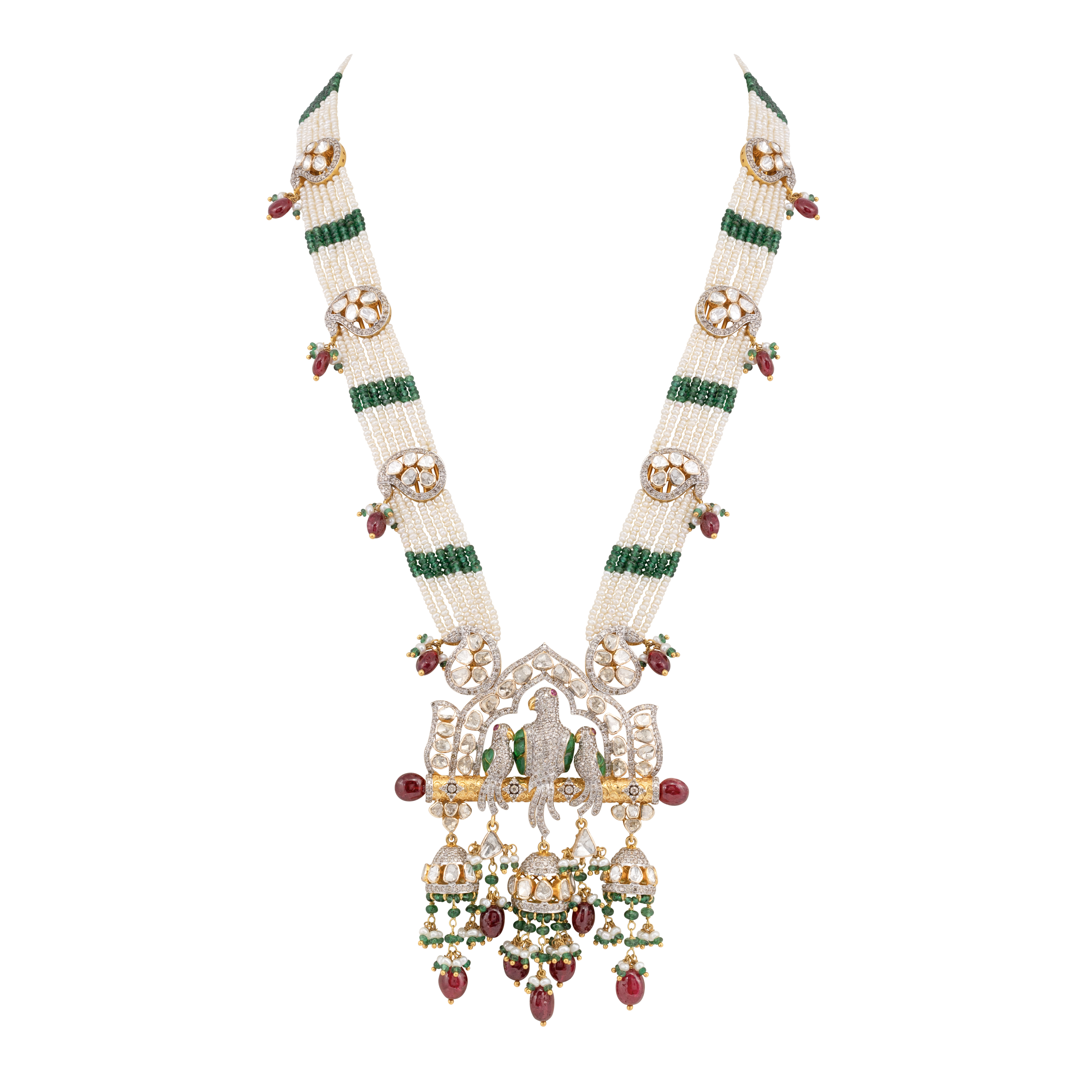 Culture Pearls and Emerald Necklace with Bird Motif Pendant