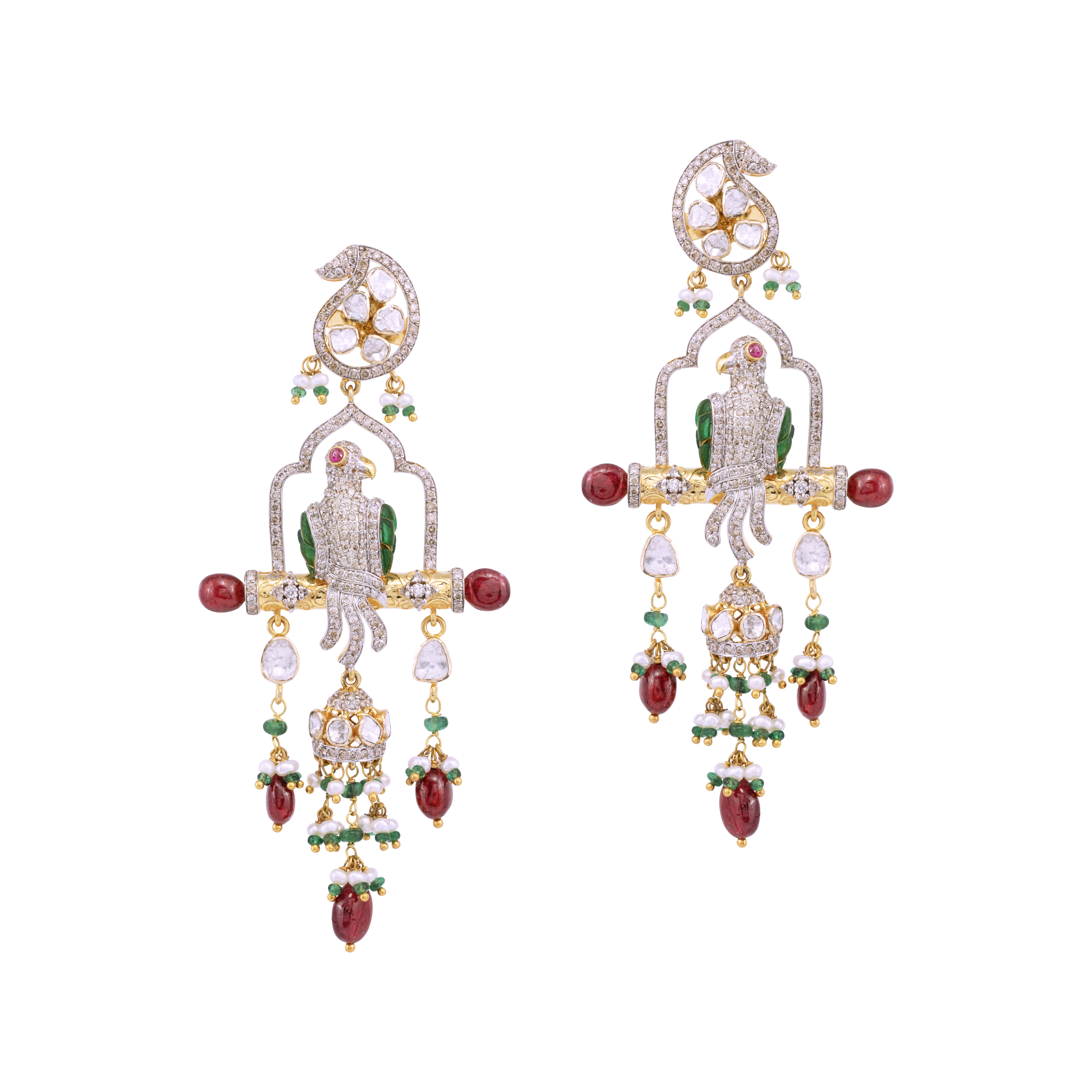 Bird Motif Earrings with Spinel and Emeralds