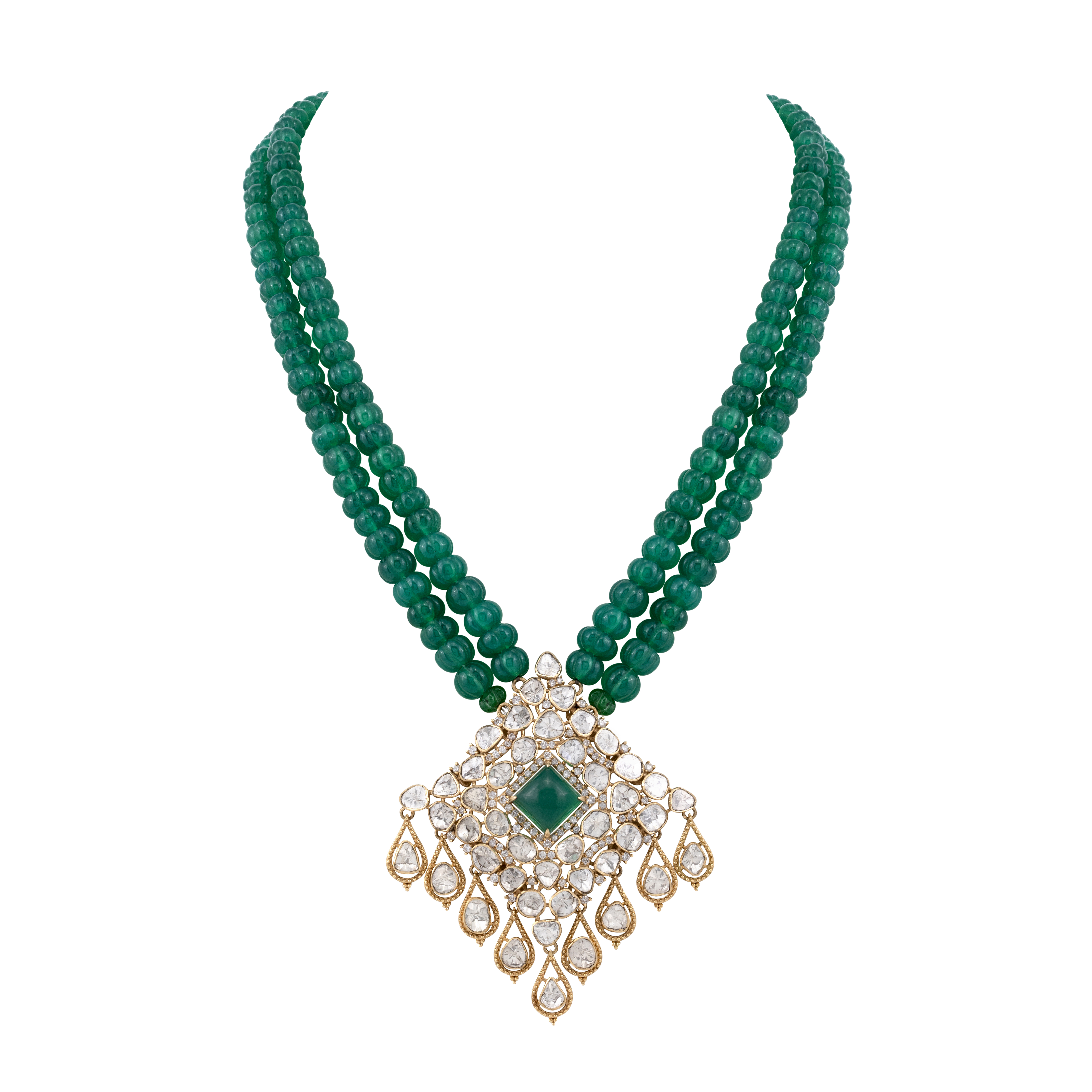 Deep Green Beaded Necklace with Polki Diamond Pendant