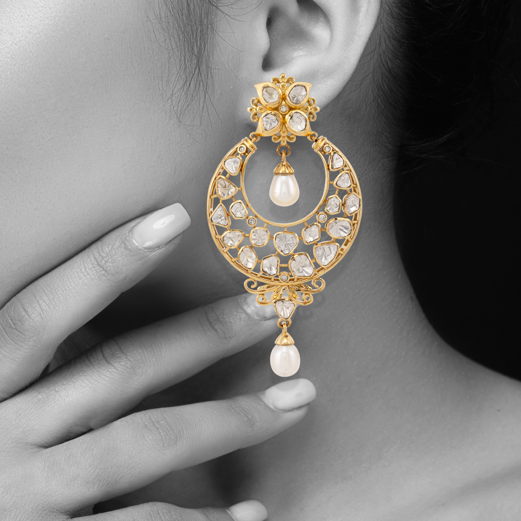 Filigree Polki Chandbali Earrings with Pearl Drops
