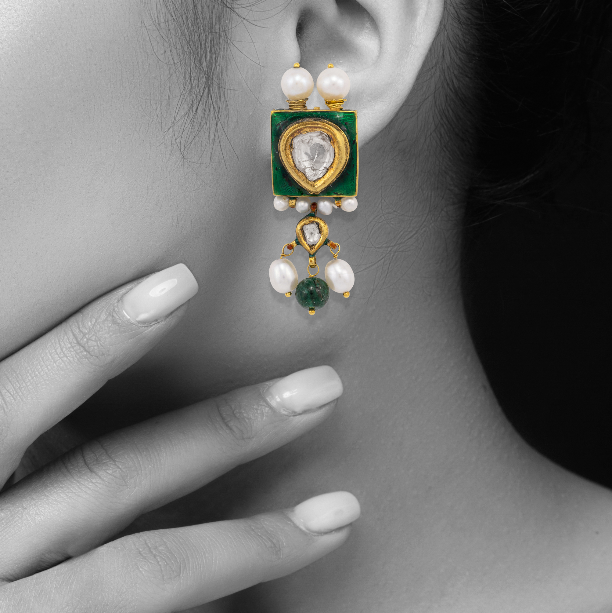 Green Meenakari Jadau Earrings with Pearls and Emerald Drops