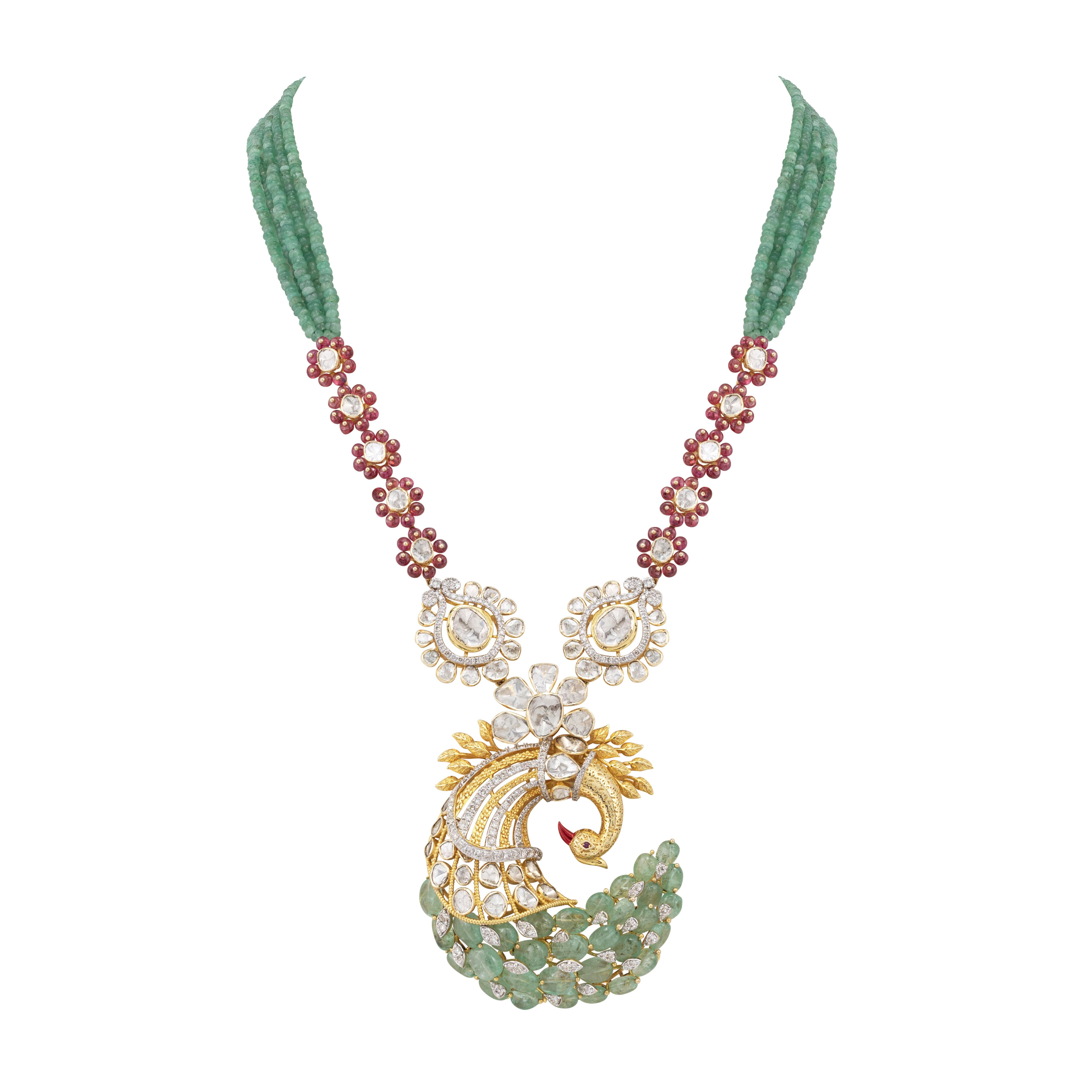 Ruby and Emerald Peacock Pendant Necklace