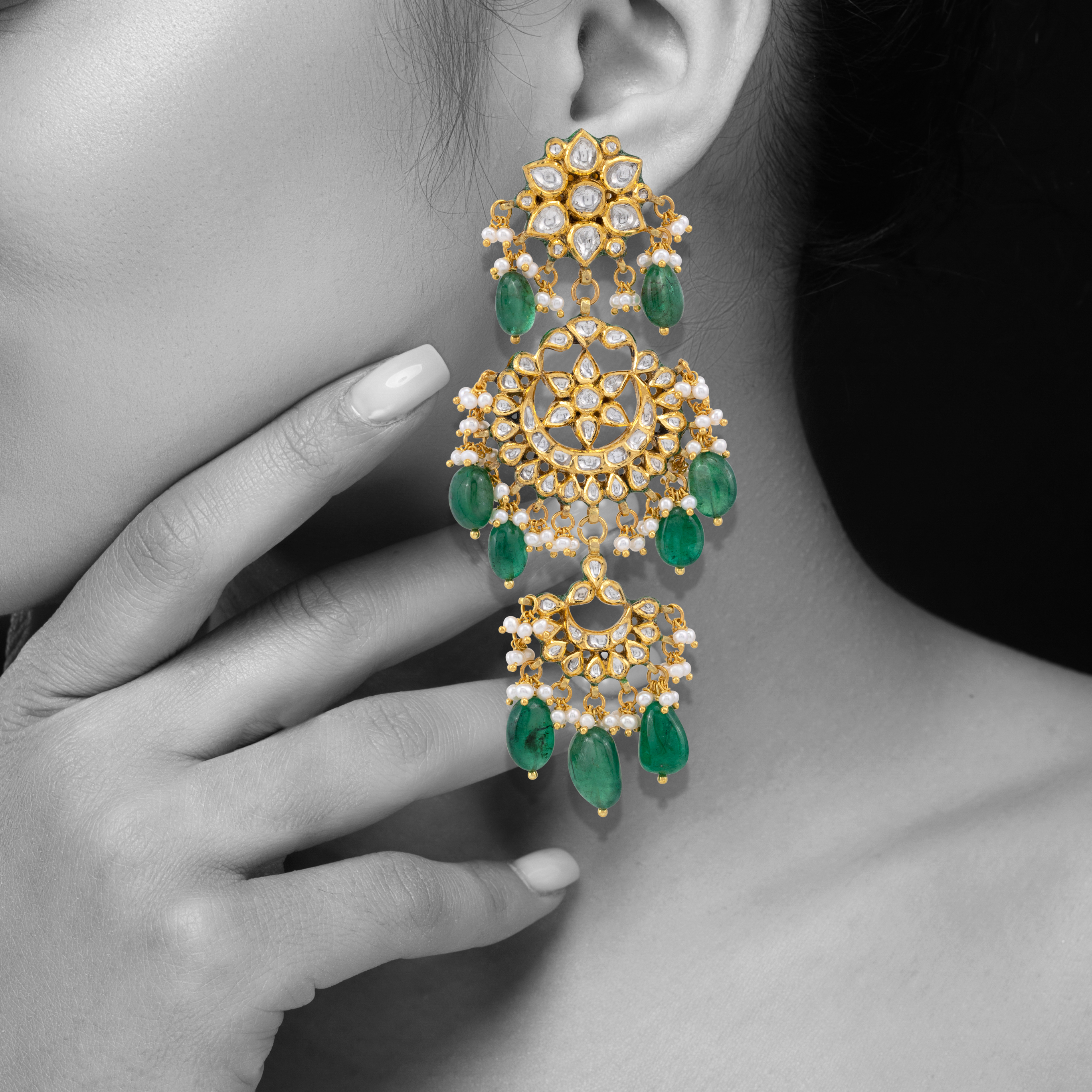 Double-Tier Chandbali Earrings with Emerald and Pearl Drops