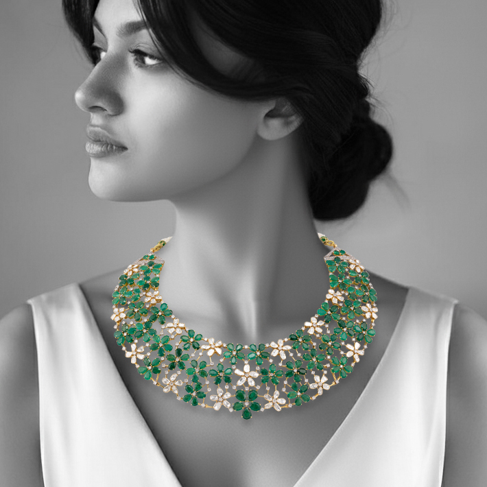 Floral Web Necklace with Emeralds and Polki Detailing
