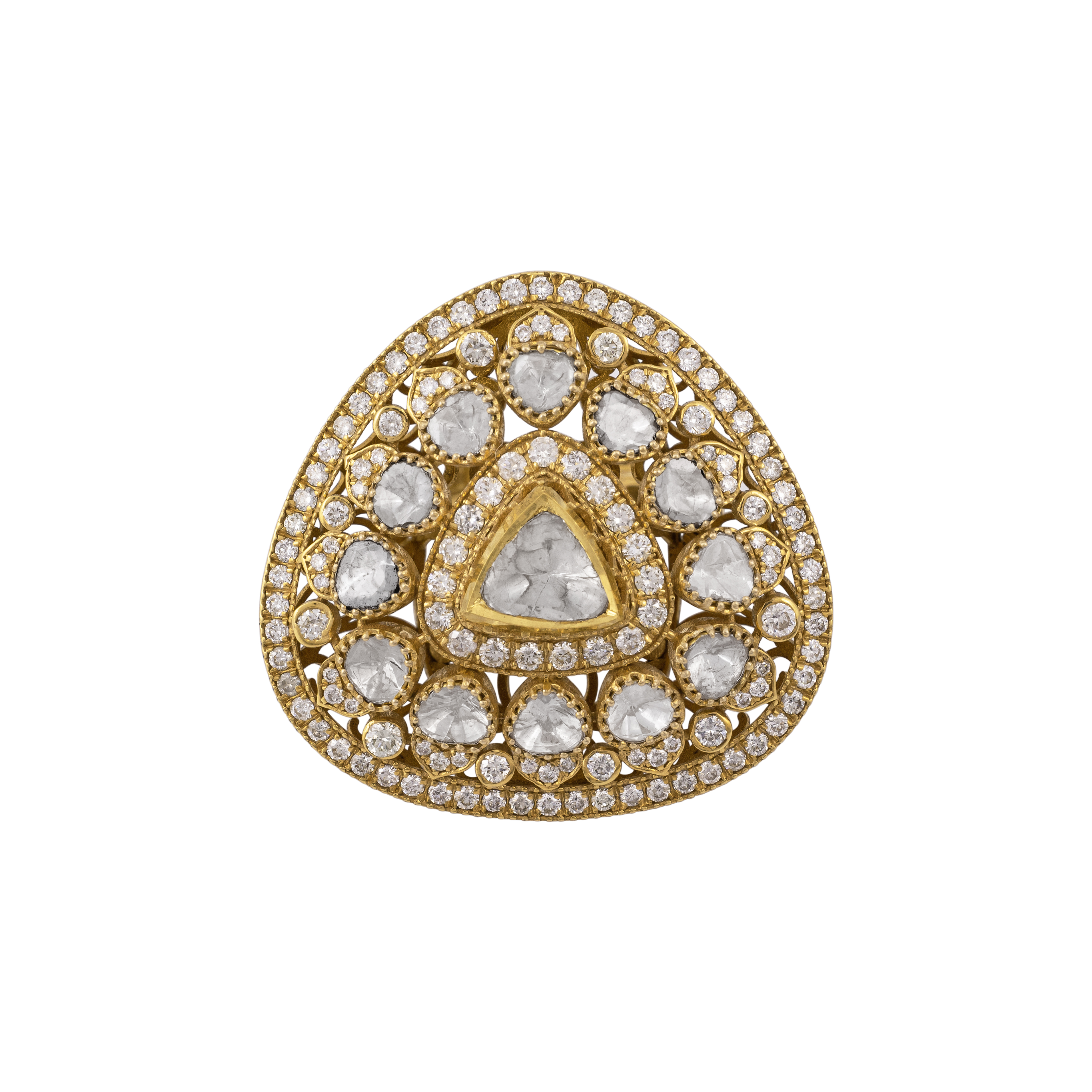 Triangular Jadau Ring in Ivory Gold Finish