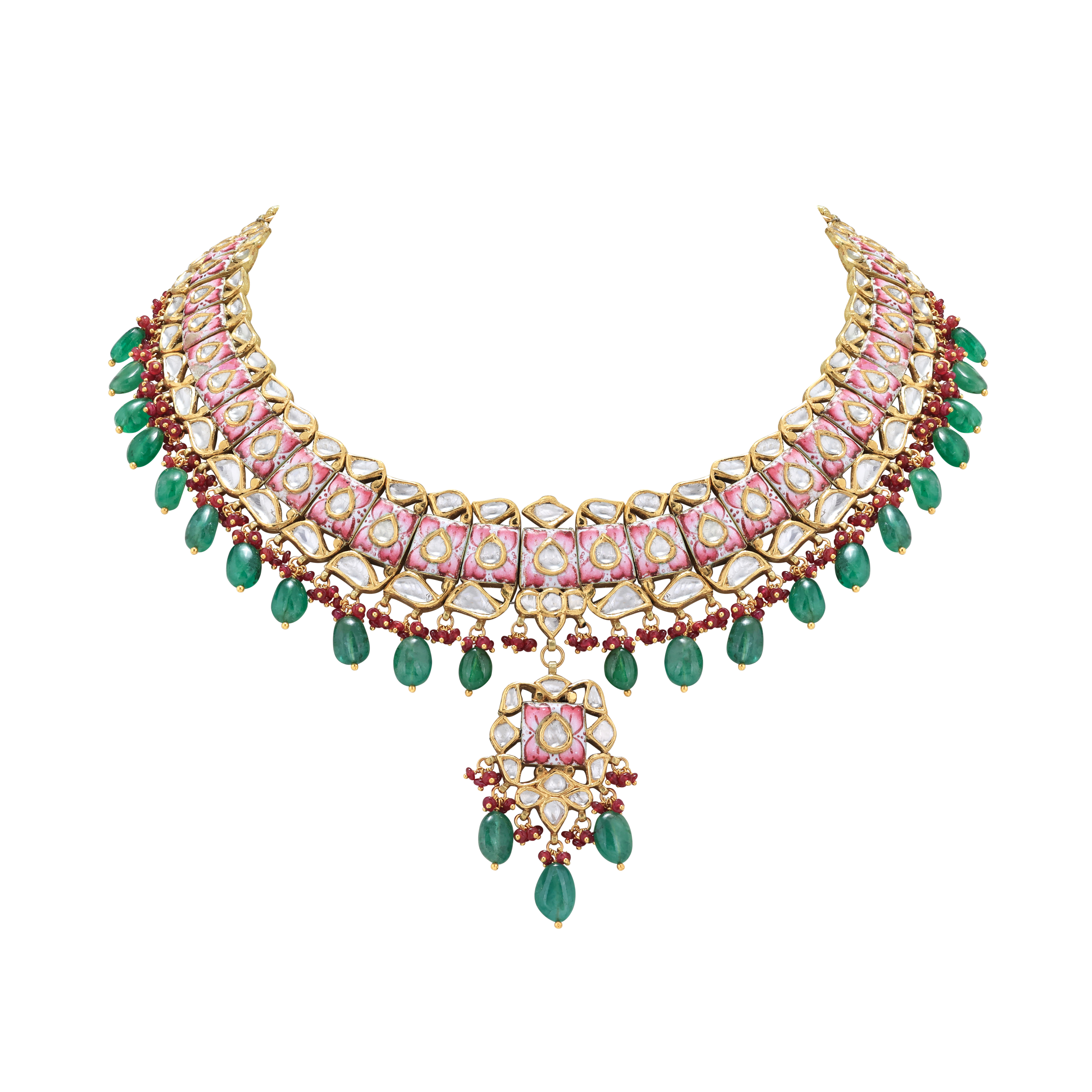 Pink Floral Polki Necklace with Emerald Maniya and Red Beads