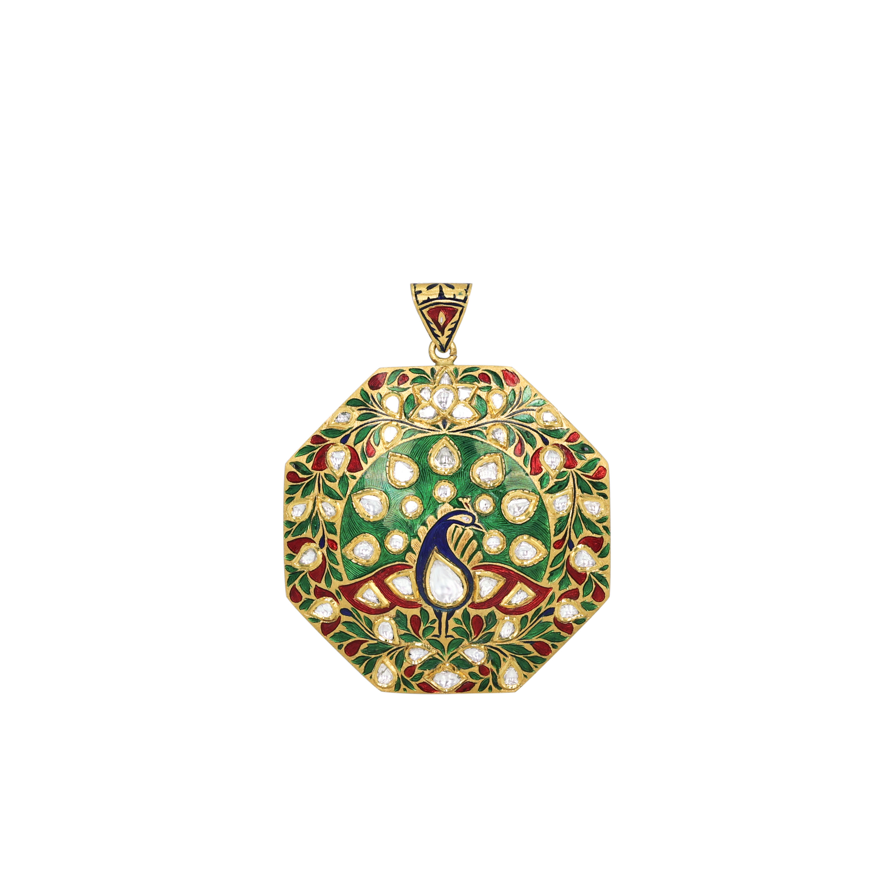 Dual- Sided Polki Pendant with Intricate Floral Enamel