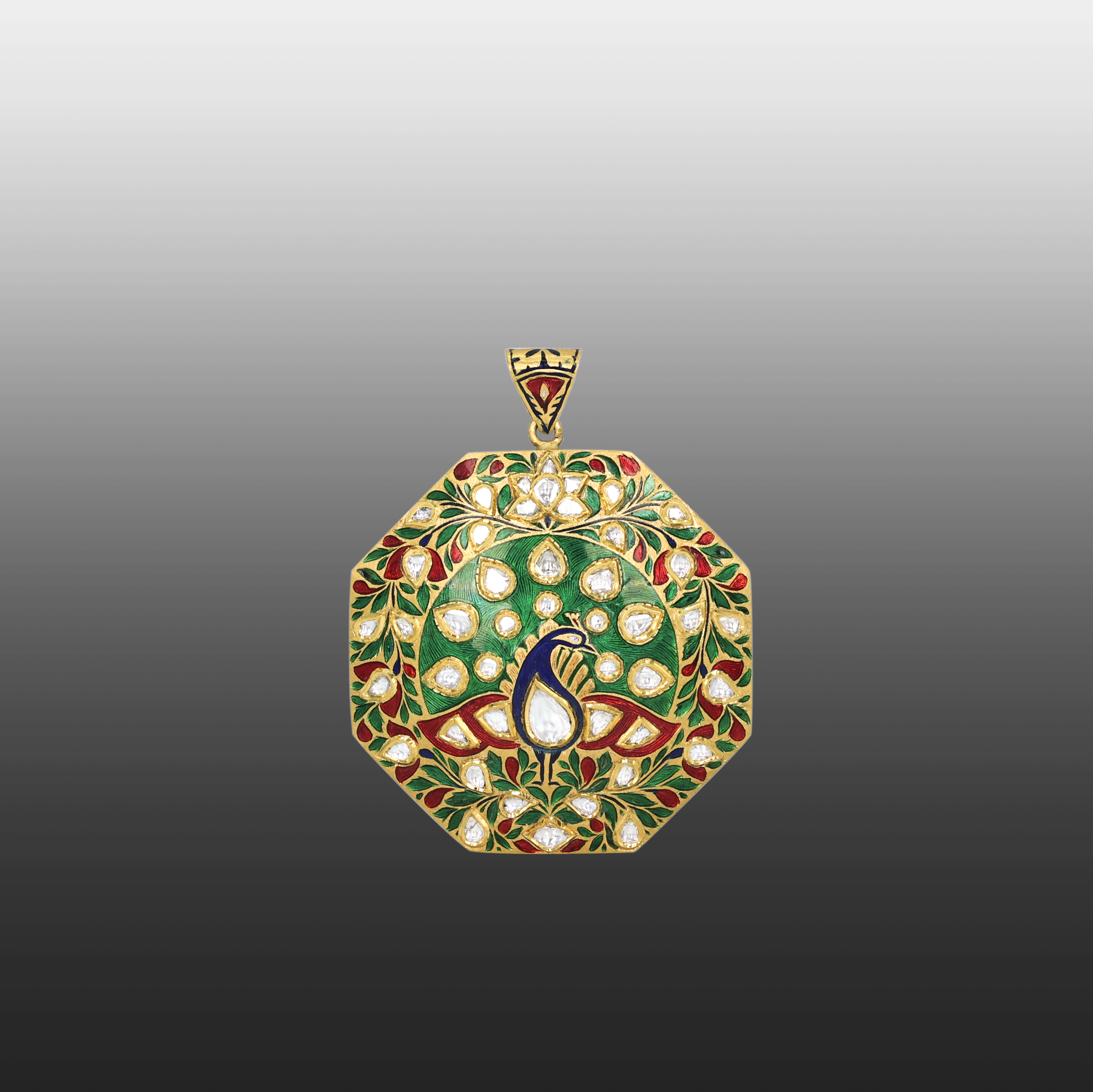 Dual- Sided Polki Pendant with Intricate Floral Enamel