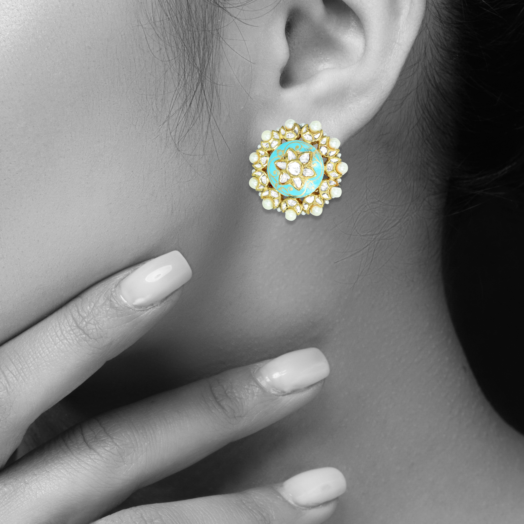 Turquoise Meena Polki Floral Studs with Pearls