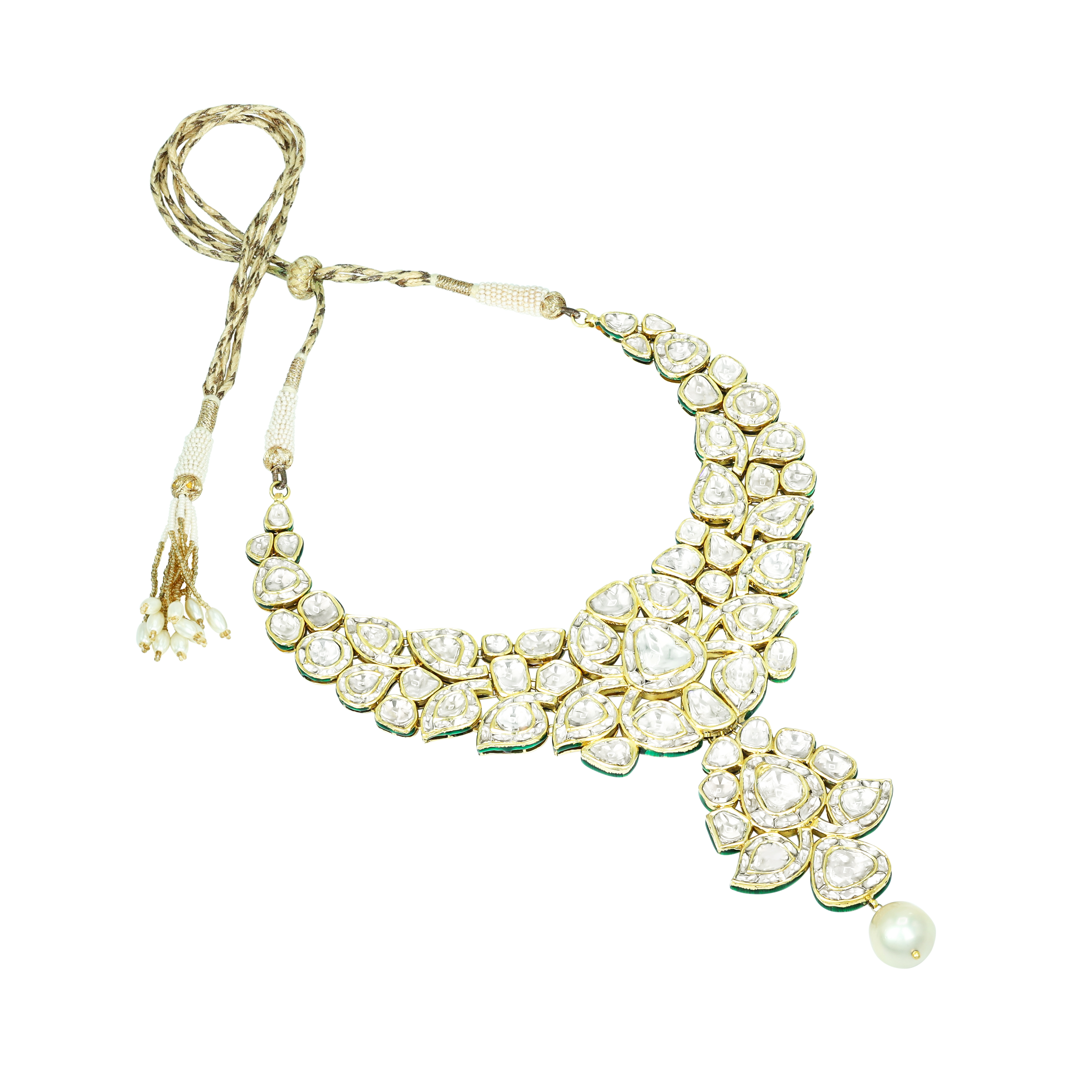 Asymmetrical Polki Necklace Set with Green Enamel and Pearl Drop