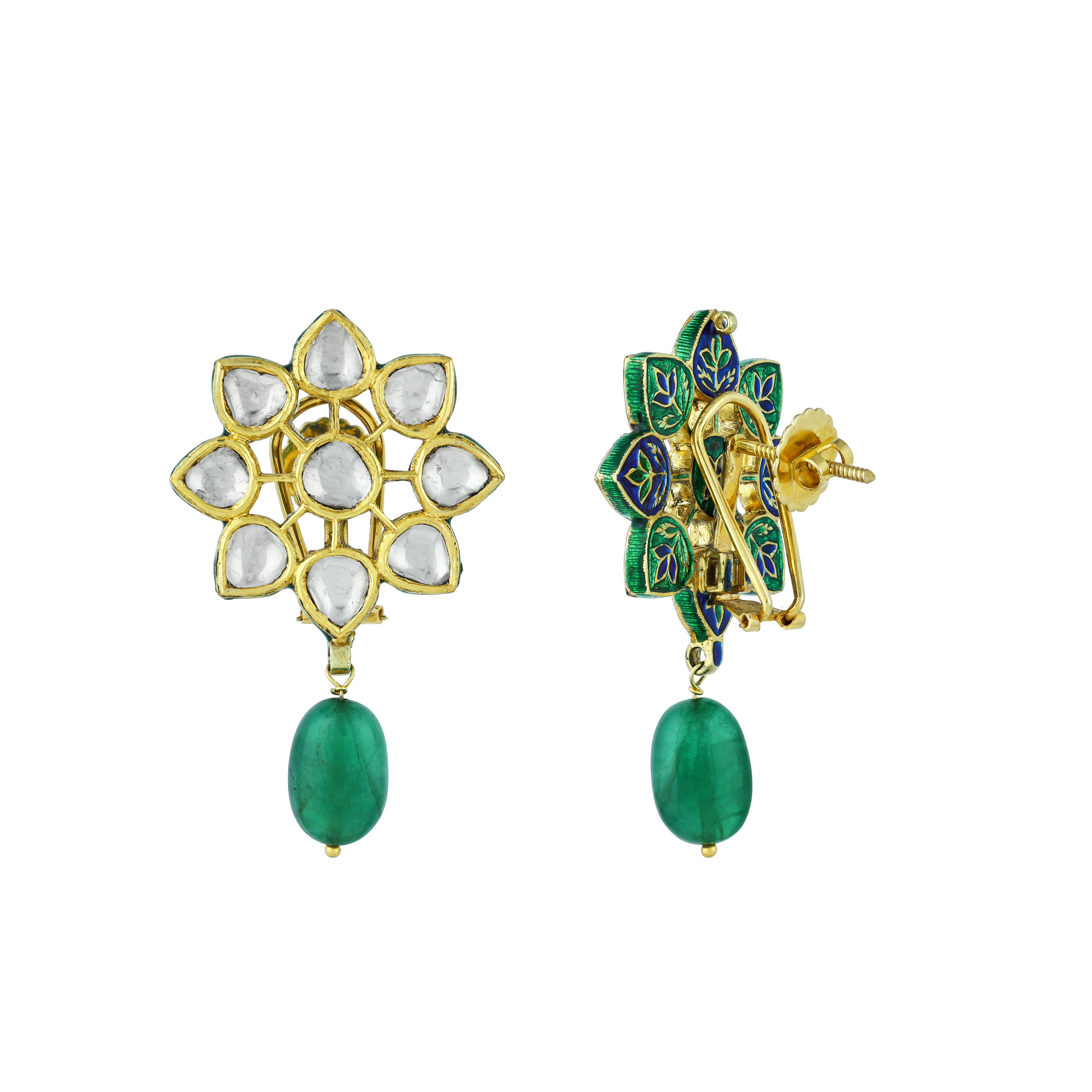 Polki Floral Stud Earrings with Emerald Drop