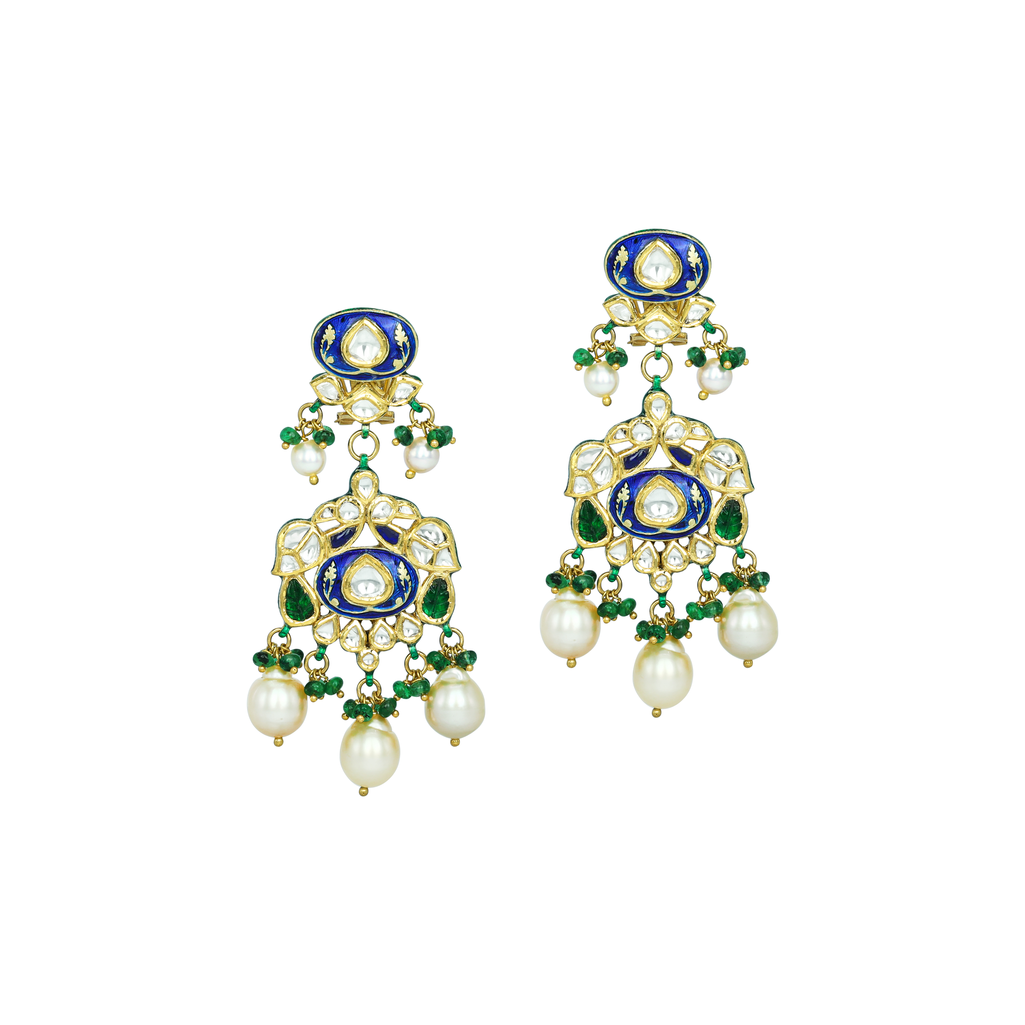 Blue Enamel Jadau Earrings with Polki, Emeralds, and Pearls