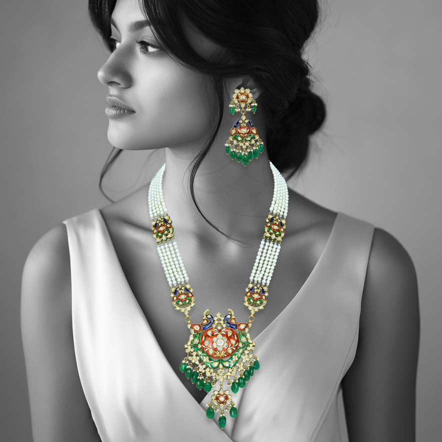 Peacock Meenakari Pendant with Pearl Strings and Emerald Drops