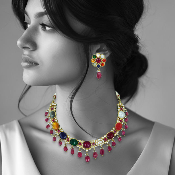 Navratan Necklace with Polki Diamonds and Ruby Drops