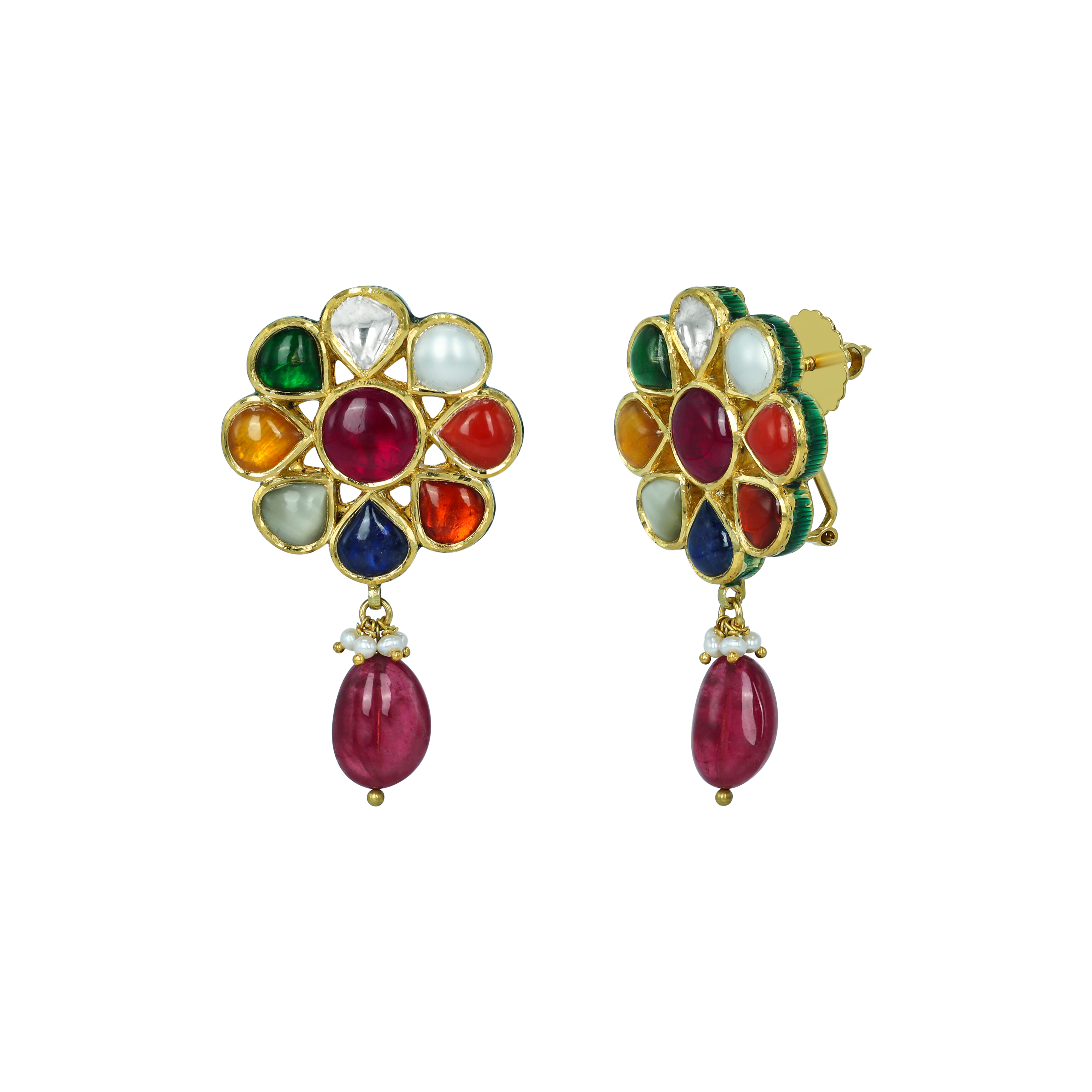 Navratan Floral Earrings with Ruby Drops