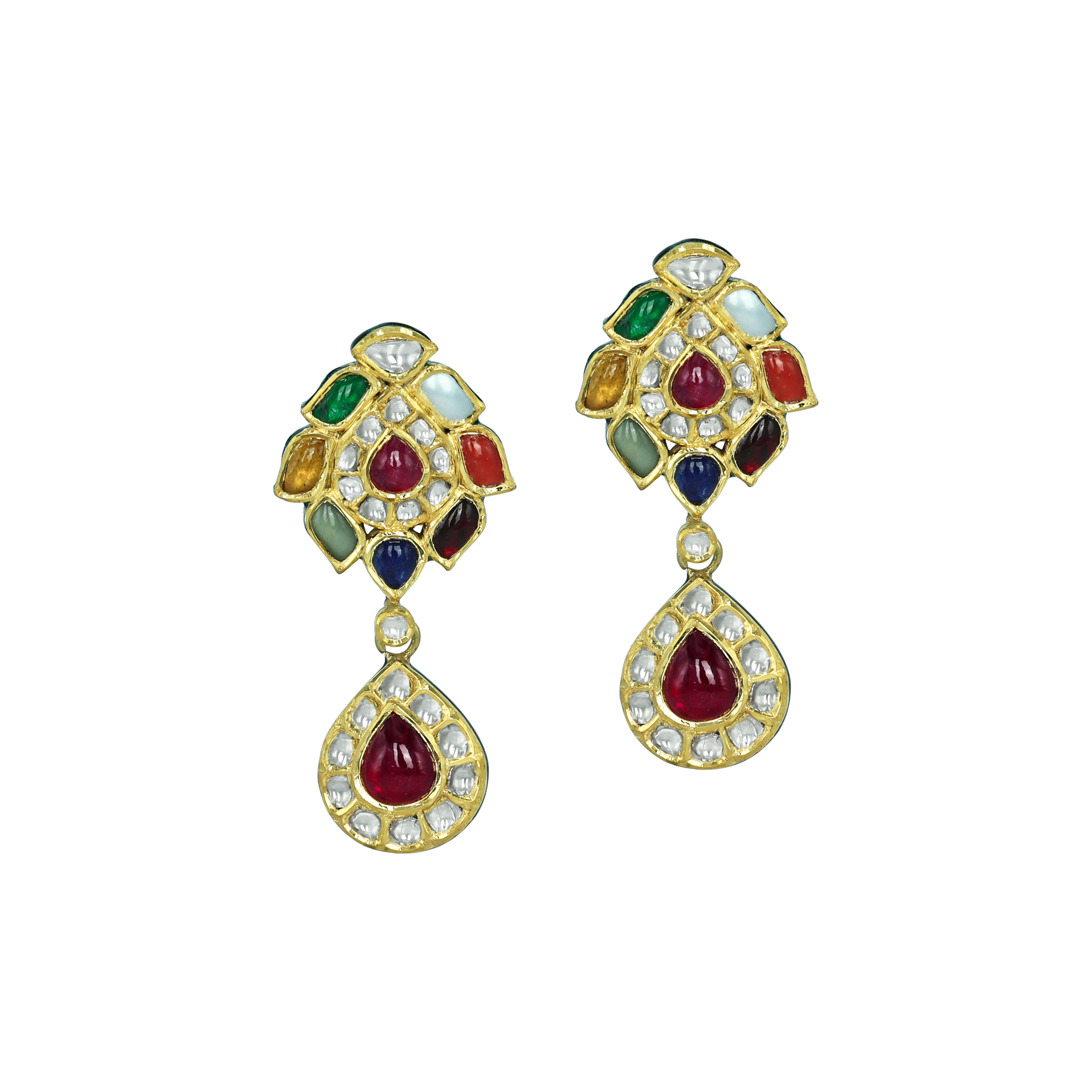 Navaratan Earrings with Ruby Drops and Polkis