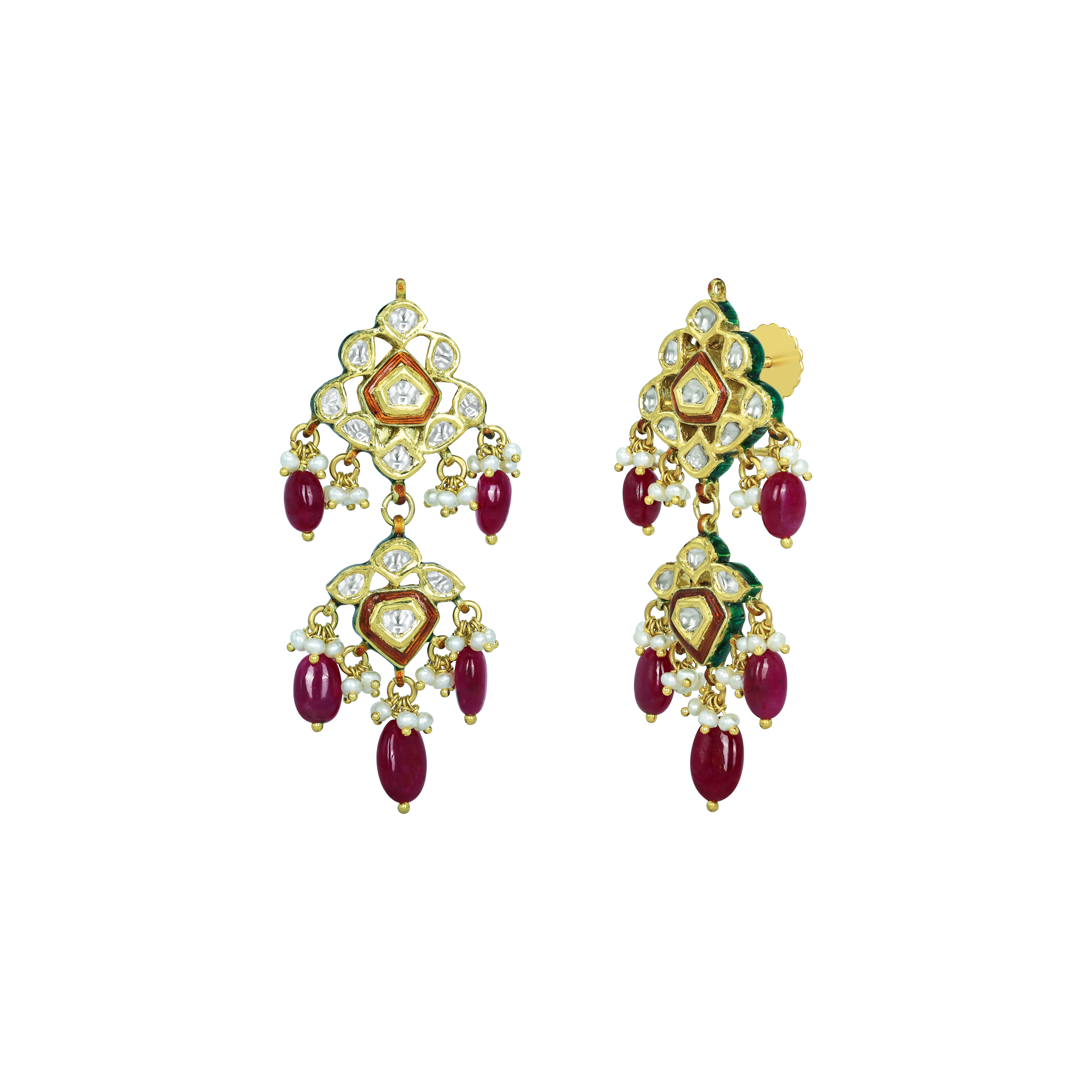 Polki Floral Earrings with Ruby Drops and Red Enamel
