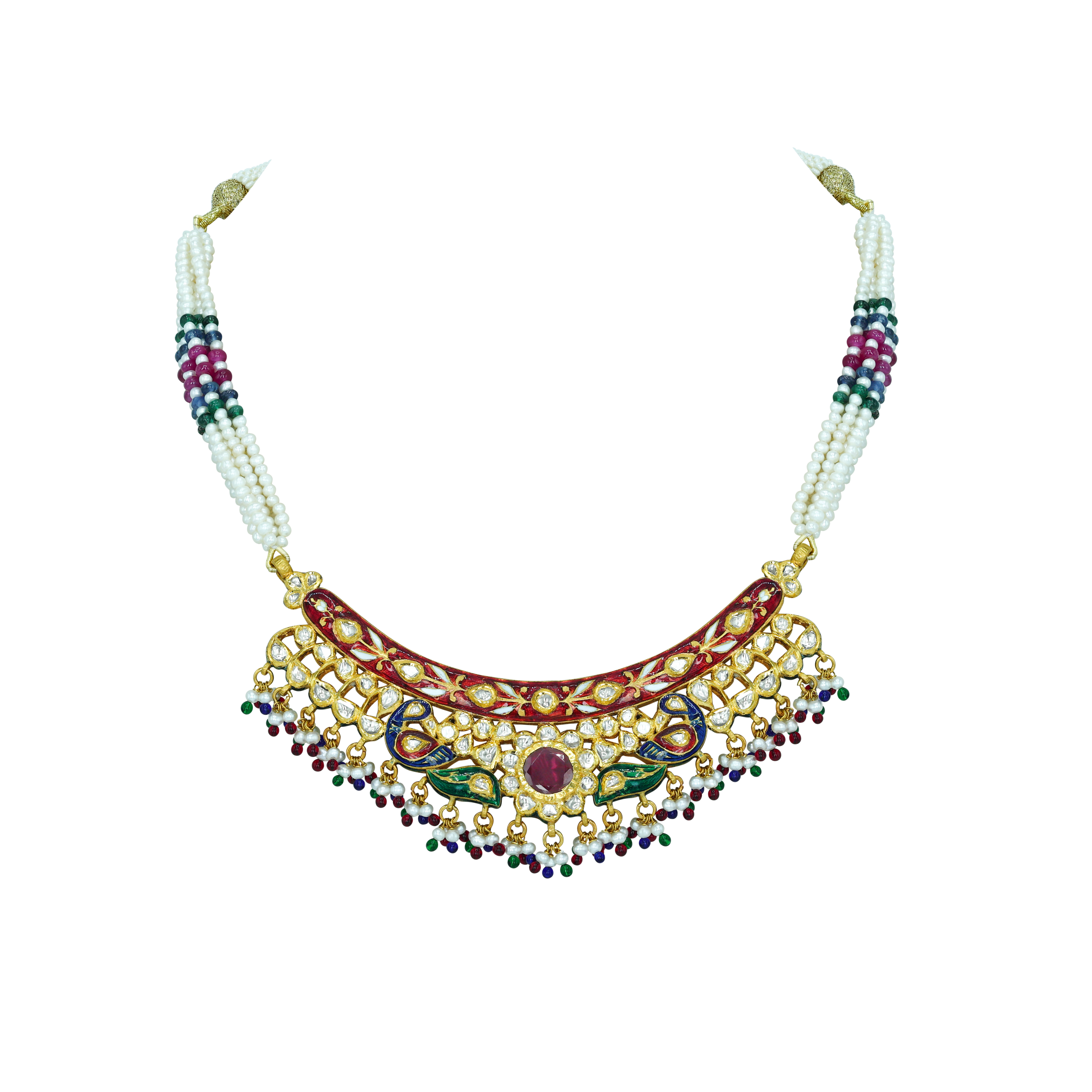 Polki Necklace with Red Enamel and Multicolour Bead Fringes