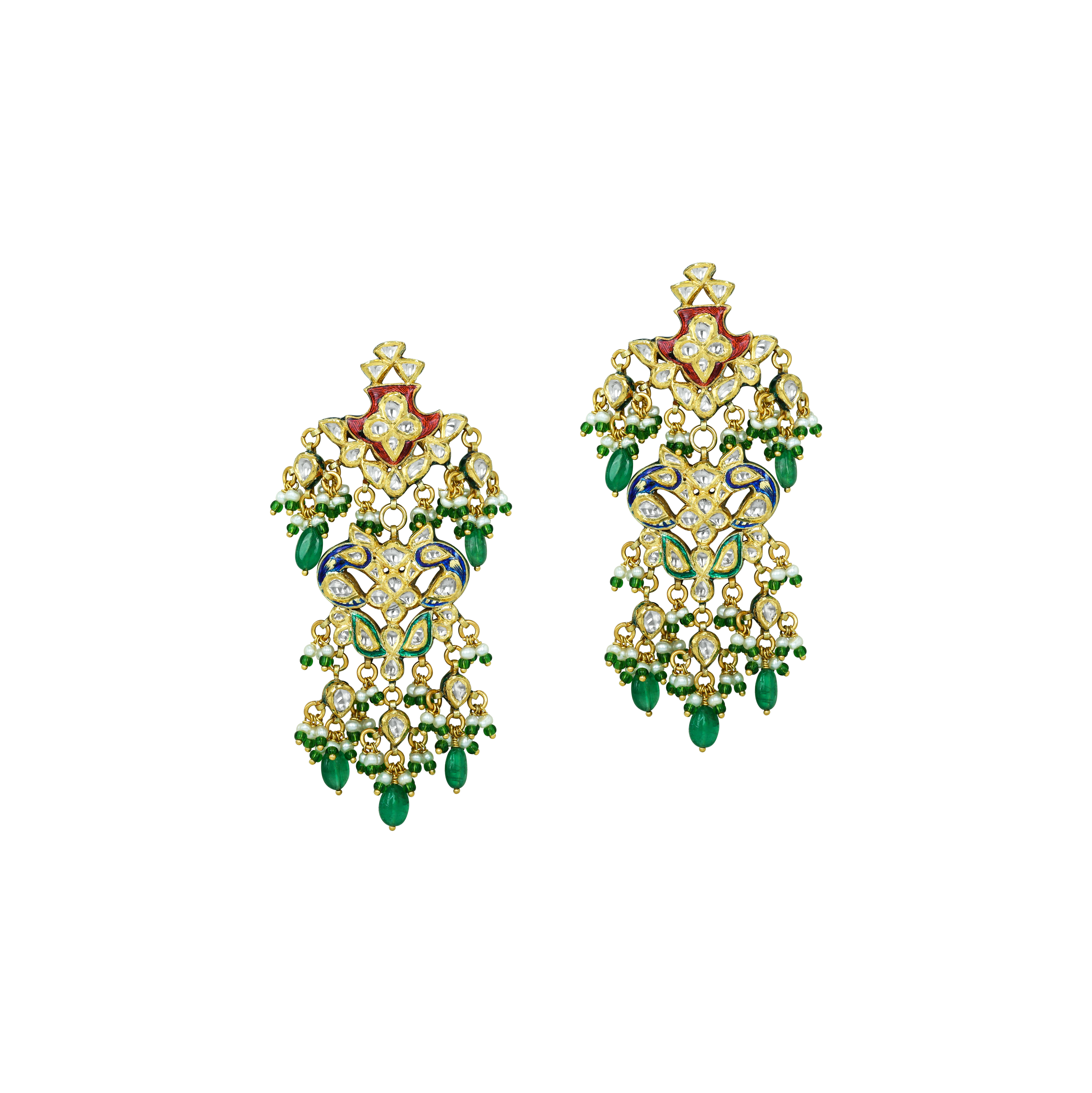 Polki Floral Earrings with Emerald Drops and Enamel