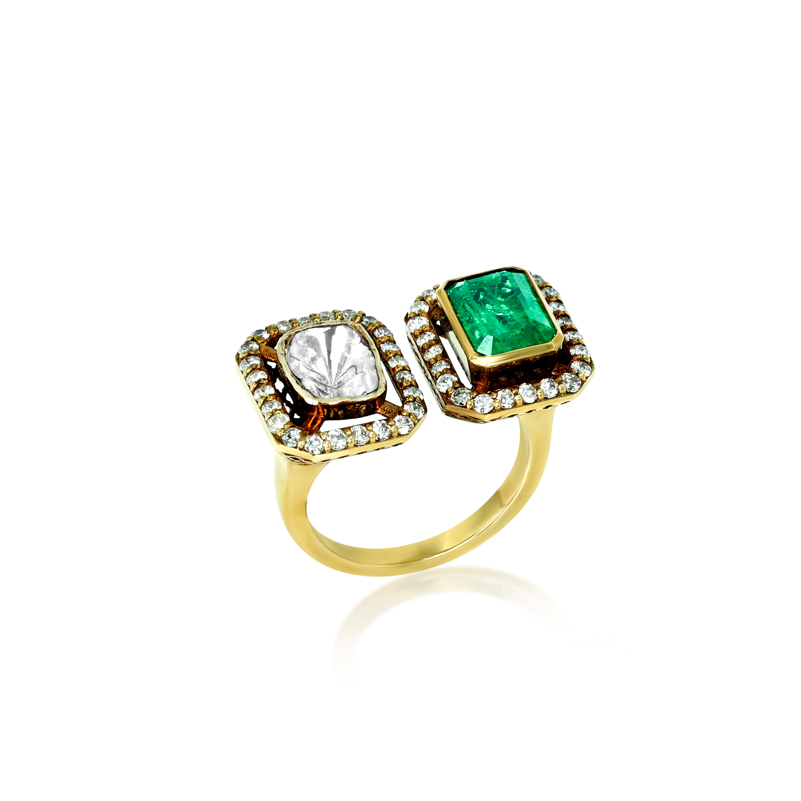 Emerald and Polki Diamond Ring with Dual Halo