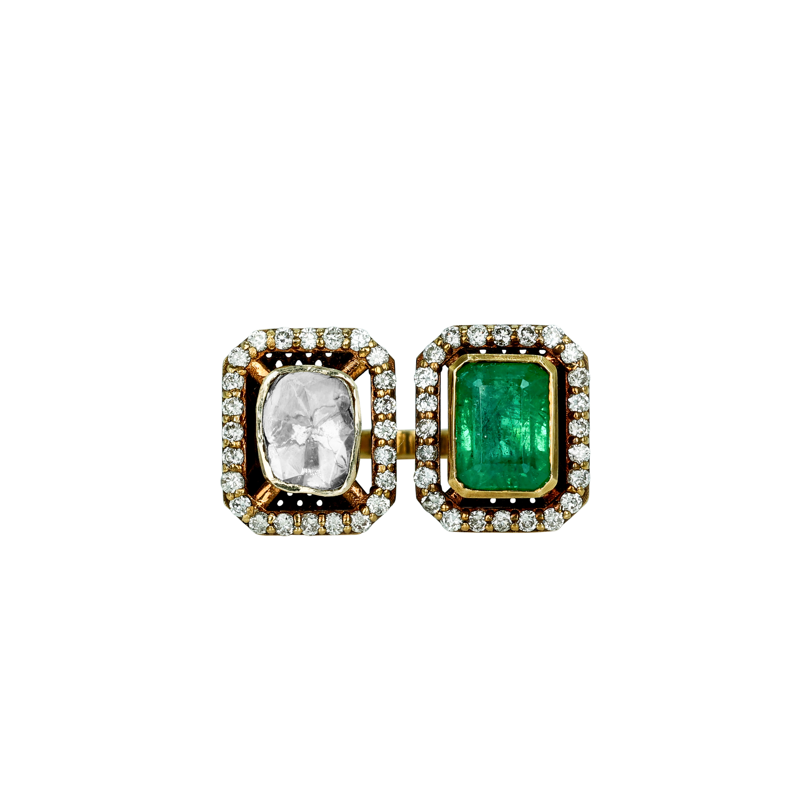 Emerald and Polki Diamond Ring with Dual Halo