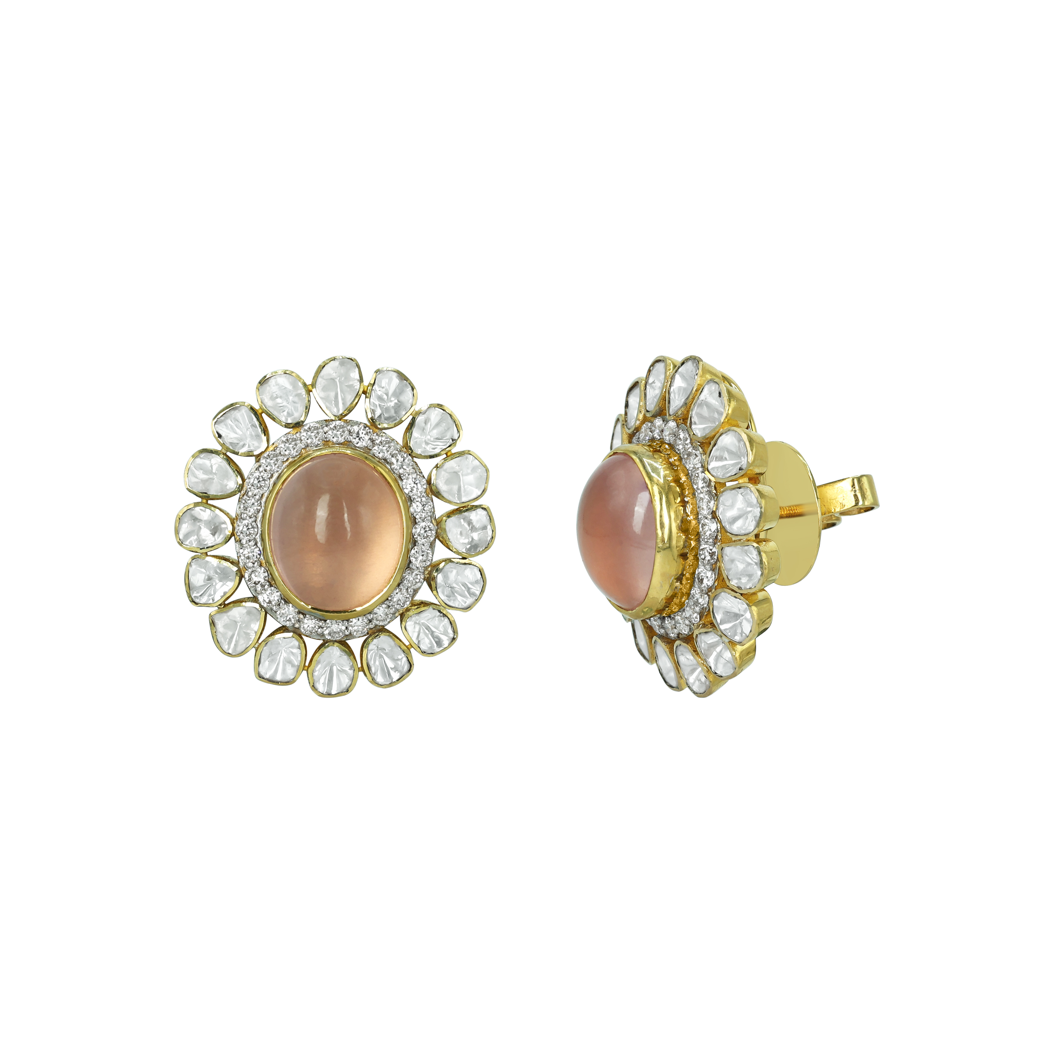 Peach Cabochon Earrings with Open Polki Halo Design
