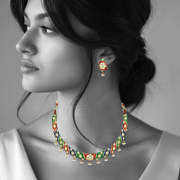 Enamel Hasli Necklace Set with Floral Motifs and Pearls