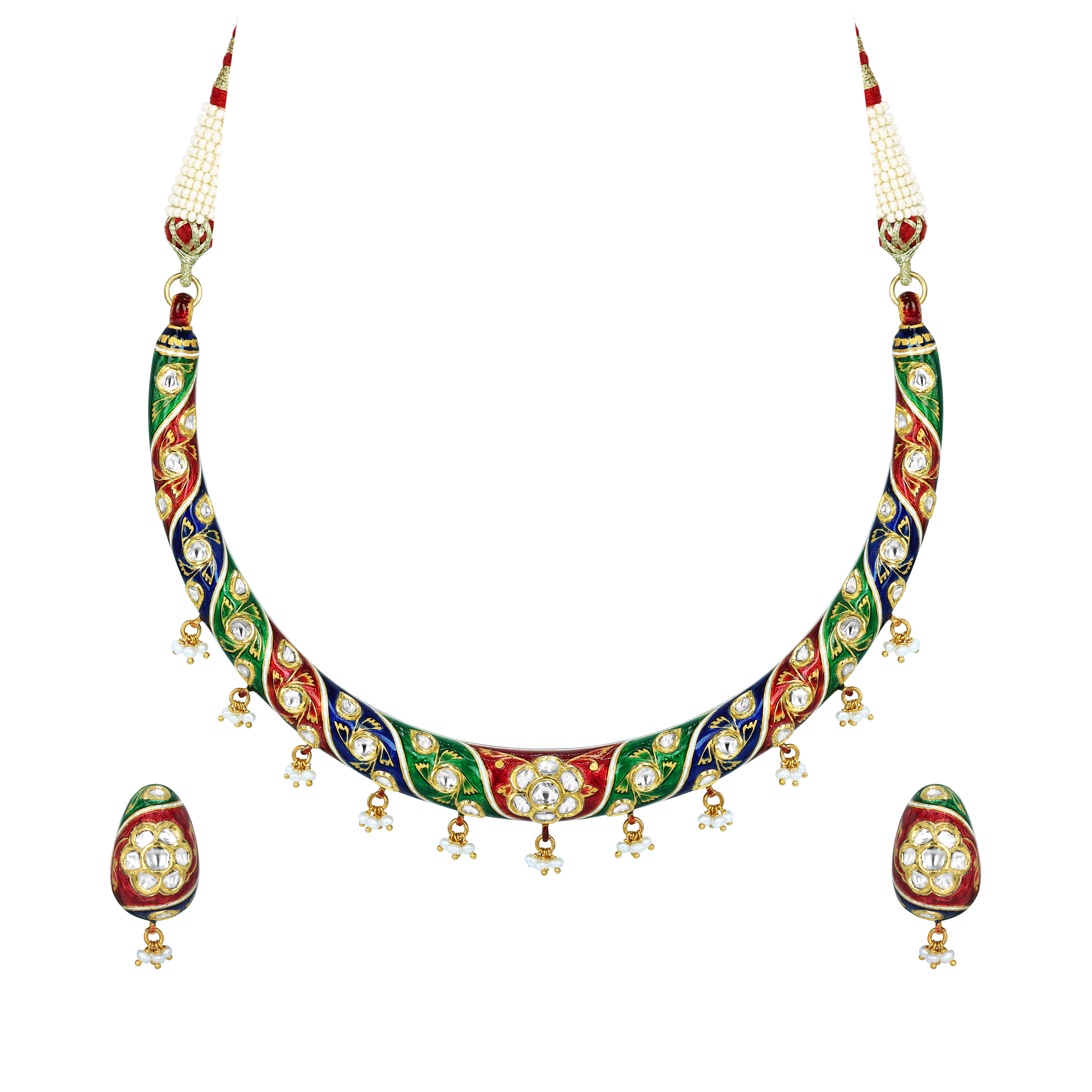 Enamel Hasli Necklace Set with Floral Motifs and Pearls